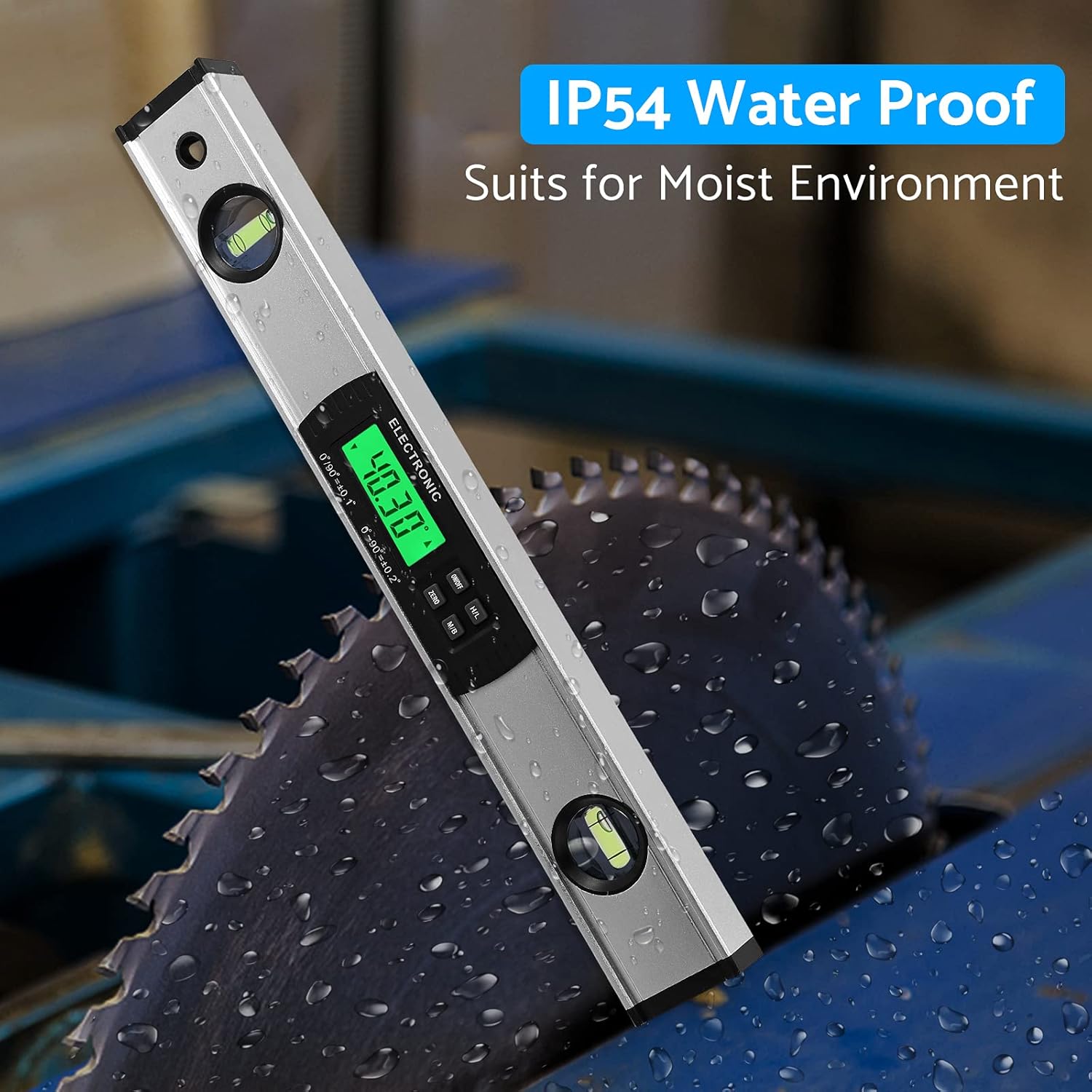eSynic Digital Angle Finder Protractor being used near a saw blade with water droplets, illustrating its IP54 waterproof feature