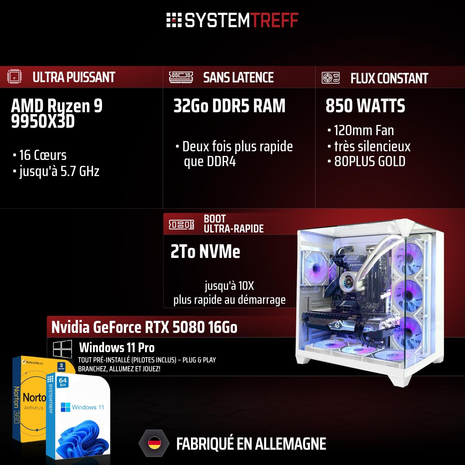 SYSTEMTREFF PC Gamer High-End - AMD Ryzen 9 9950X3D - RTX 5080 16Go