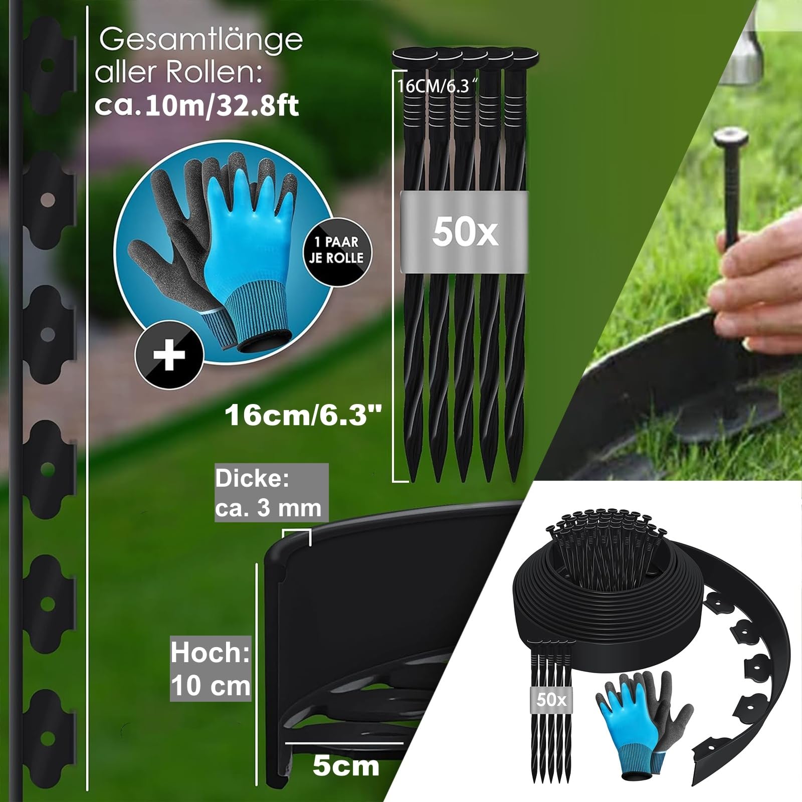 Bordure de Jardin Flexible 10m, Bordure Jardin Exterieur Hauteur 10cm, Bordure Jardin Plastique, Bordurette de Jardin, Garden Edging, Bordure de Tonte, avec Gants et 50 Ongles - Noir