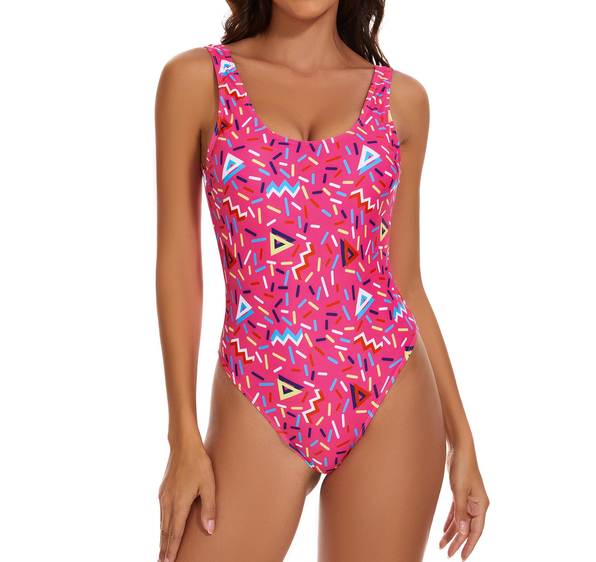 MIAIULIA Women's Retro High Cut Low Back Padded One Piece Swimsuit, Geometric Lines Rose, Small