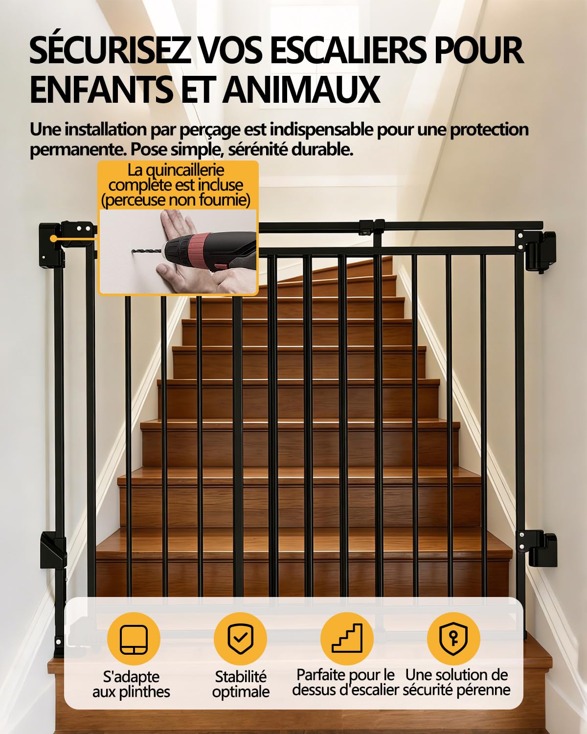 Barrera de seguridad infantil para escaleras, puertas y cocina, 26,4-43 pulgadas de ancho x 74 cm de alto, sin suelo, cierre automático con una sola mano, atornillado para perros y niños pequeños
