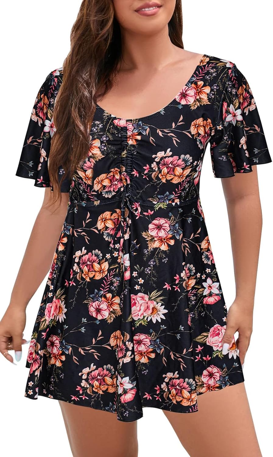 ECUPPER Womens One Piece Swimsuit with Sleeves Plus Size Swim Dress Modest Tummy Control Skirt Bathing Suit Built in Shorts