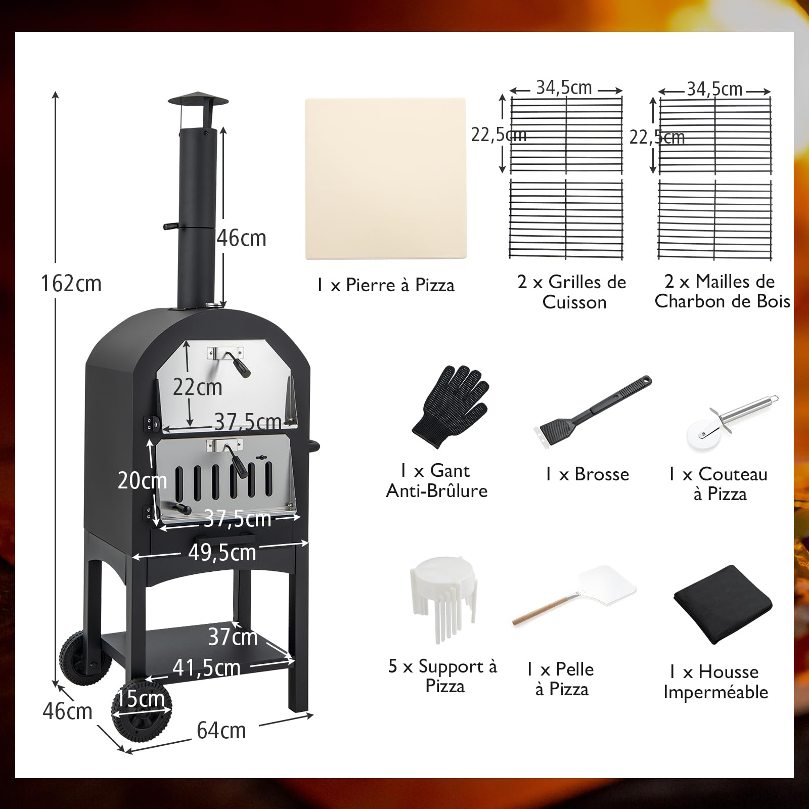 GYMAX Four à Pizza Extérieur 162cm à Bois ou à Pellet, Cuisson Facile avec Thermomètre, Pierre à Pizza, Grilles, Pelle, Accessoires Complets, pour Camping, Fêtes, Barbecues