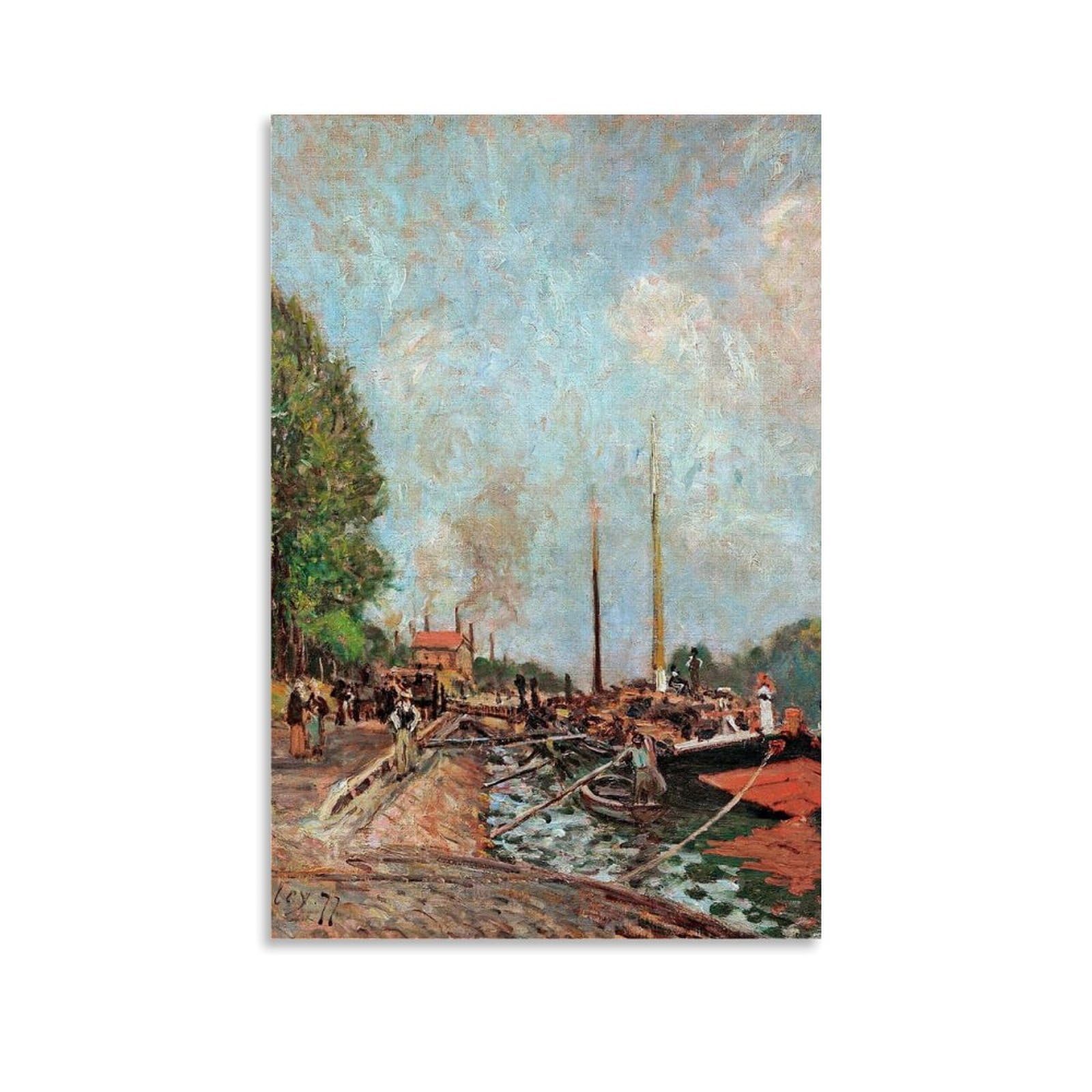 The Unloading of Barges at Billancourt by Alfred Sisley- Impresiones en lienzo modernas, pinturas decorativas para habitaciones de niños o niñas, murales para sala de estar y pinturas con motivos
