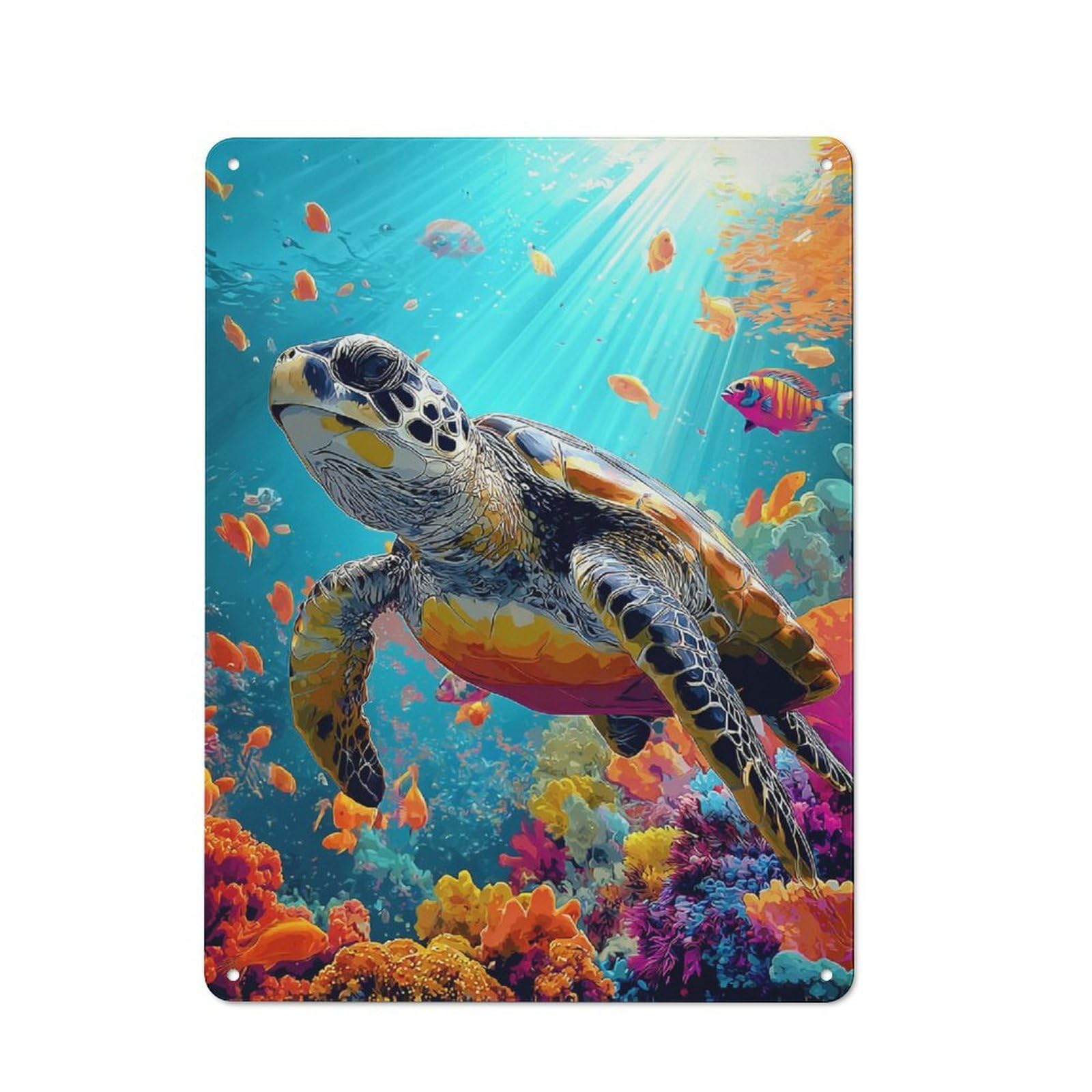 Junmoney Ocean Life Turtle In Coral Reef Rustic Metal Sign 40X30cm For Living Room Wall, With Clear Rustic Wall Decor Character