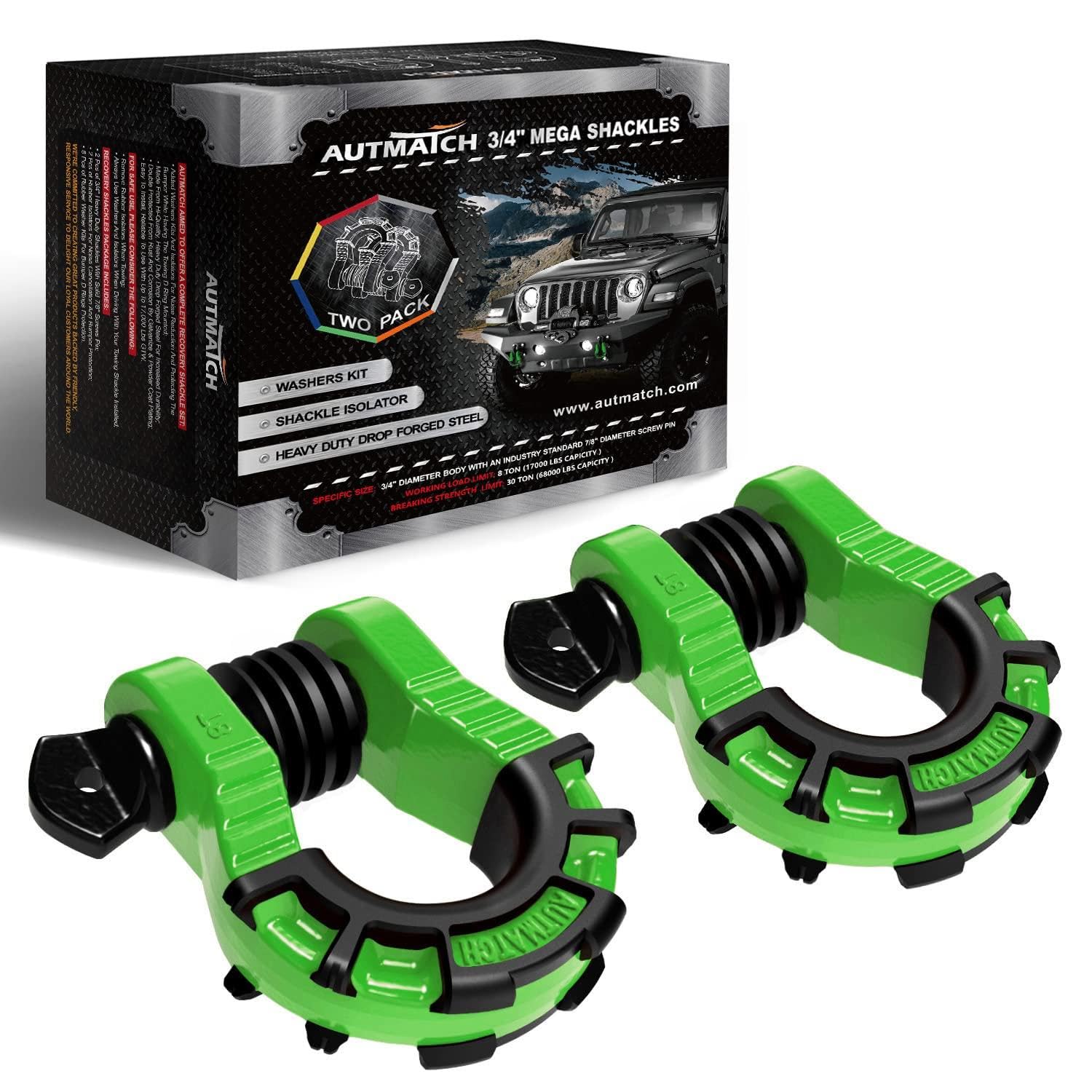 AUTMATCH Grilli ad anello a D da 3/4" (confezione da 2) 68.000Ibs resistenza alla rottura con perno a vite da 7/8" e isolatore e rondelle kit per cinghia di traino argano recupero veicoli fuoristrada
