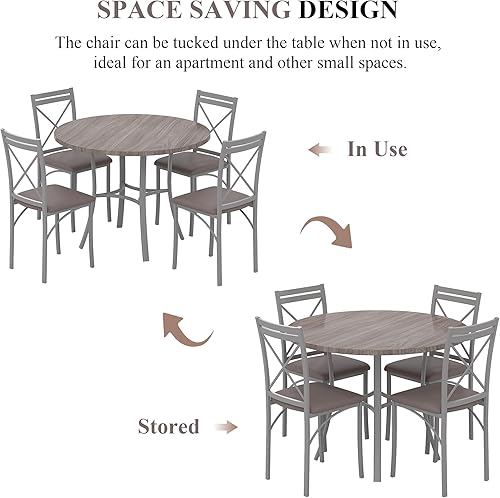 Miniatura 5 de VECELO juego de mesa de comedor de 5 piezas para 4, mesa de desayunador de grano de madera con sillas para cocina, rincón de desayuno, espacio Gris