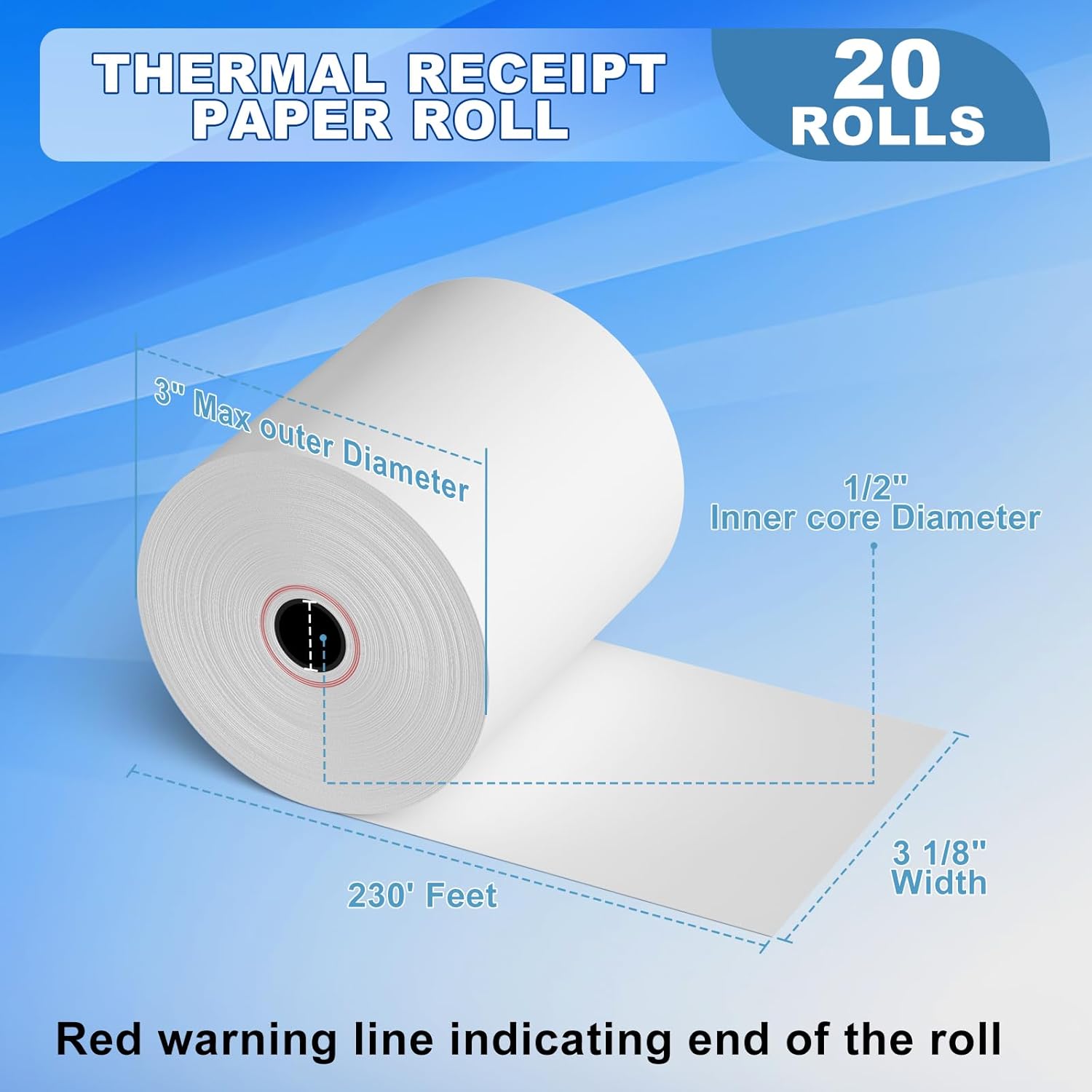 3 1/8 x 230ft Thermal Paper 20 Rolls - 80mm Receipt Cash Register Paper, Fits Credit Card POS Square Terminal Printer - Fits Star Micronics TSP100 TSP143 Epson