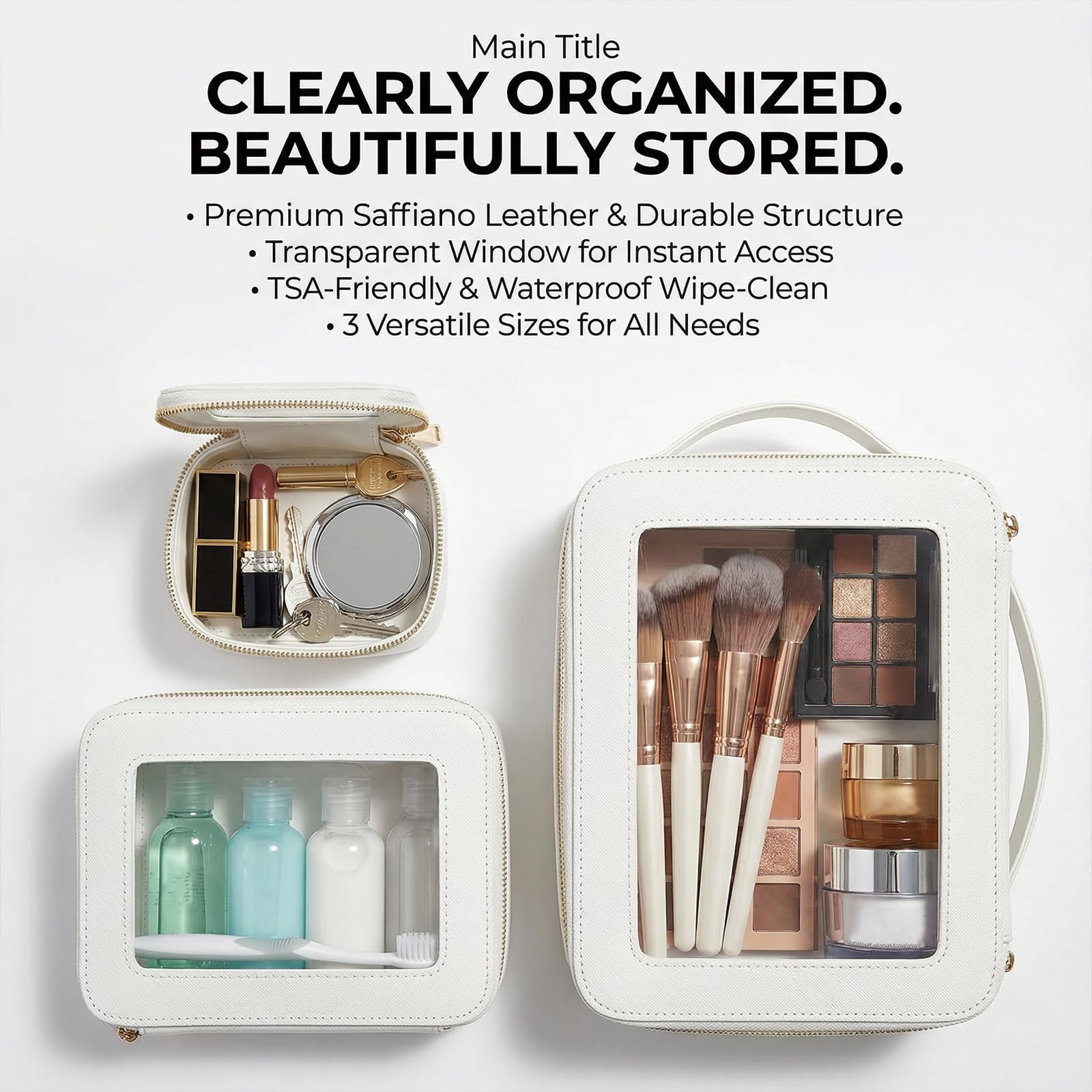 Make-up-Tasche, transparent, tragbar, wasserdicht, Make-up-Aufbewahrungstasche, Reise-spezifische Hautpflege-Aufbewahrungstasche, 2 Sets (Schwarz, L + M + Mini), Weiß + Schwarz, L+M+MINI