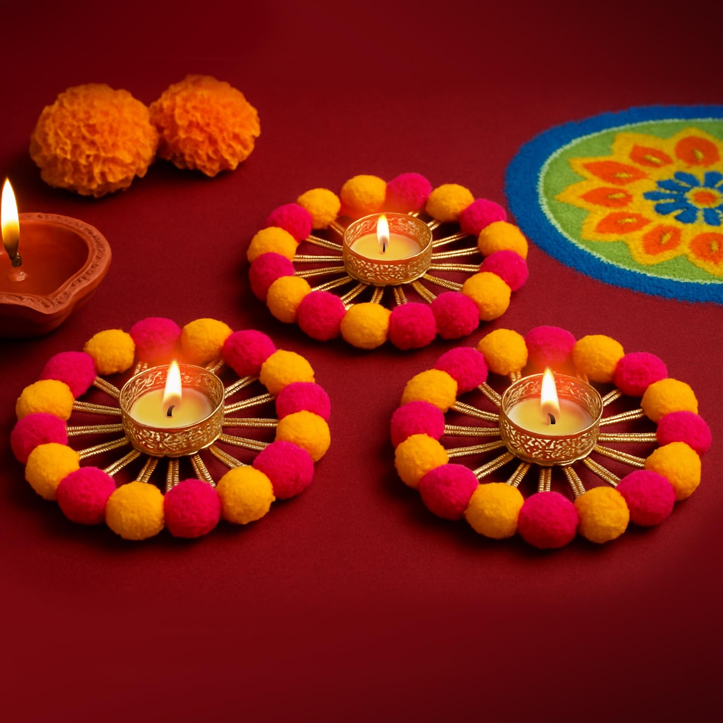 TIED RIBBONS Pack of 3 Decorative Pom Pom Tealight Candle Holders with Wax - Traditional Diwali Diya's for Home Decoration, Festival & Puja Décor, Diwali Decorations Items for Home Décor, Gifts-image-28