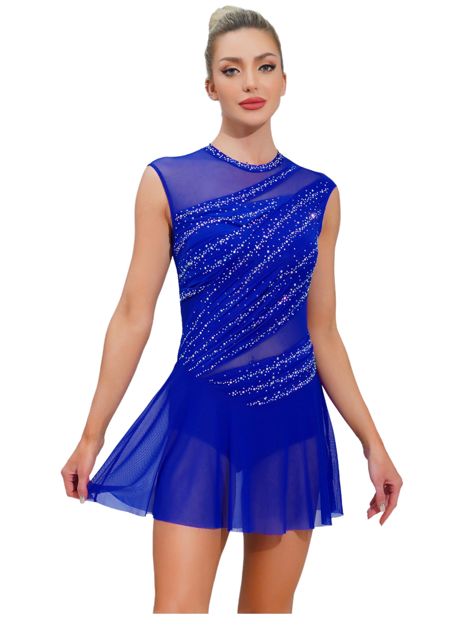Oyolan Femme Robe Patinage Artistique Justaucorps Gymnastique Danse Strass sans Manches Tenue Danse Contemporaine S-XXL