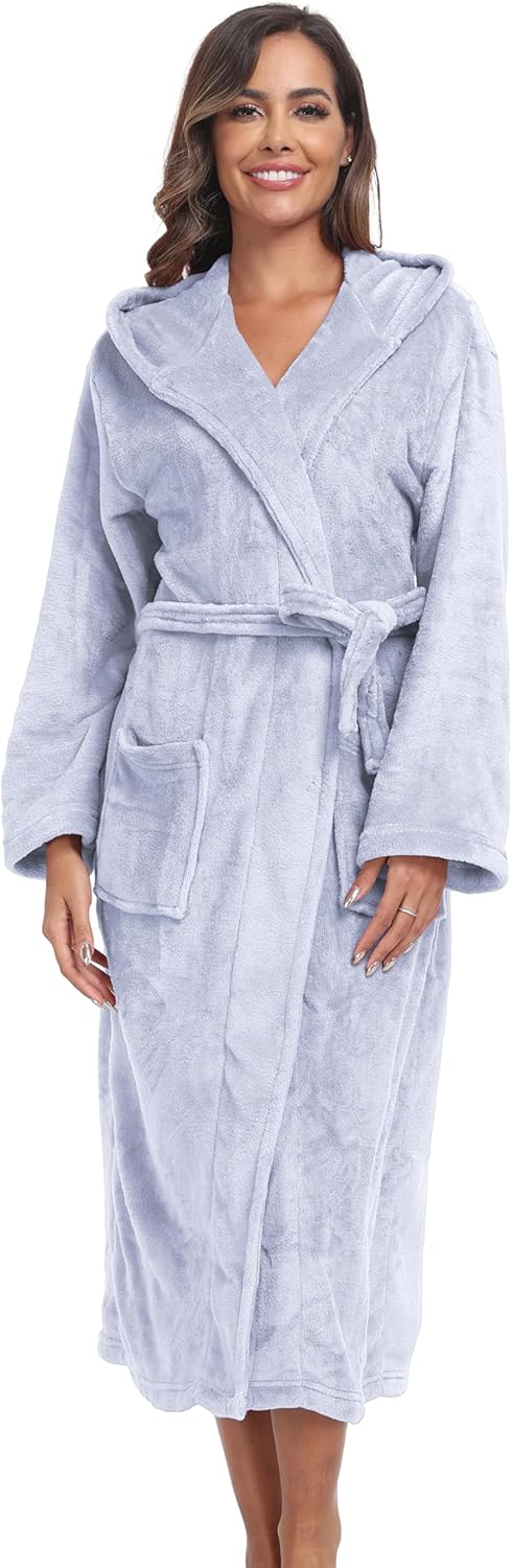 Womens Hooded Plush Bathrobe Warm Fleece Soft Long Robe Fuzzy Full Length Gown Shower Spa House Kimono for Women - Image 2