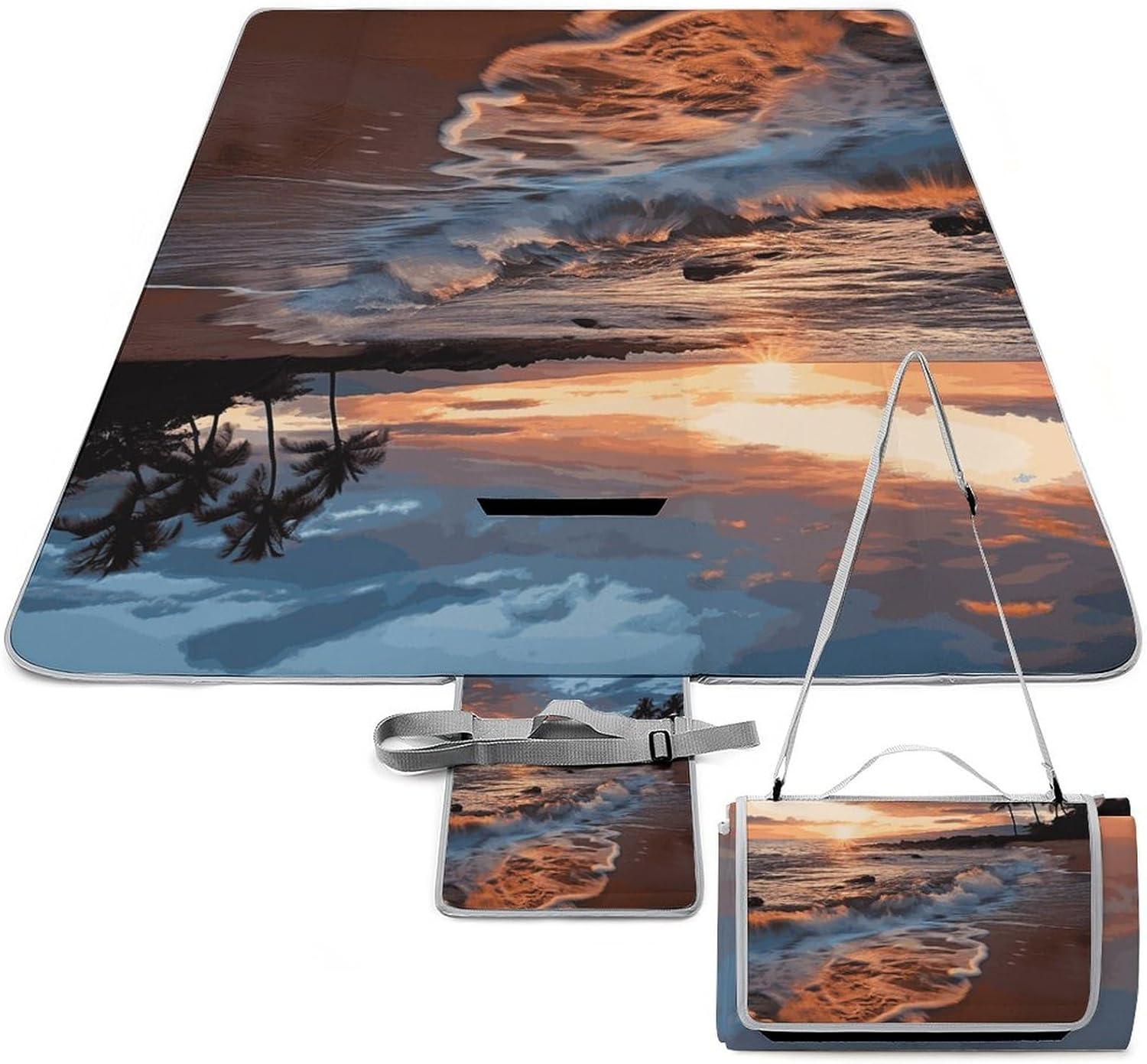 Beach Maui Hawaii Sunset Sea Waves Clouds Waterproof Picnic Blanket 58.3''x58.3'',Portable and Foldable Picnic Mat with Handle,Outdoor Blankets for Lawn Park Beach Travel