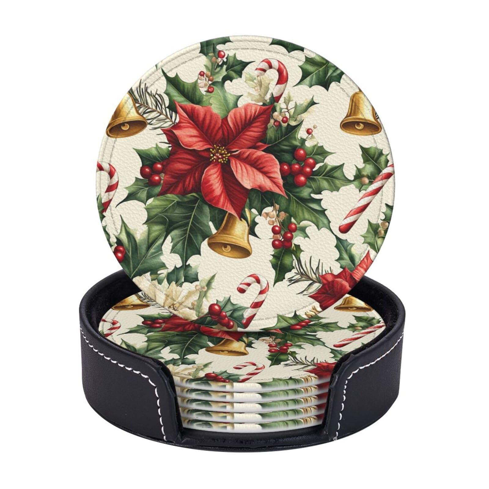6 Pack Christmas Poinsettia Flowers Leather Coasters for Drinks with Holder Sets Cute New Year Heat Resistant Drink Table Cup Coasters for Kitchen Dining Cafe Xmas Table Decor Round