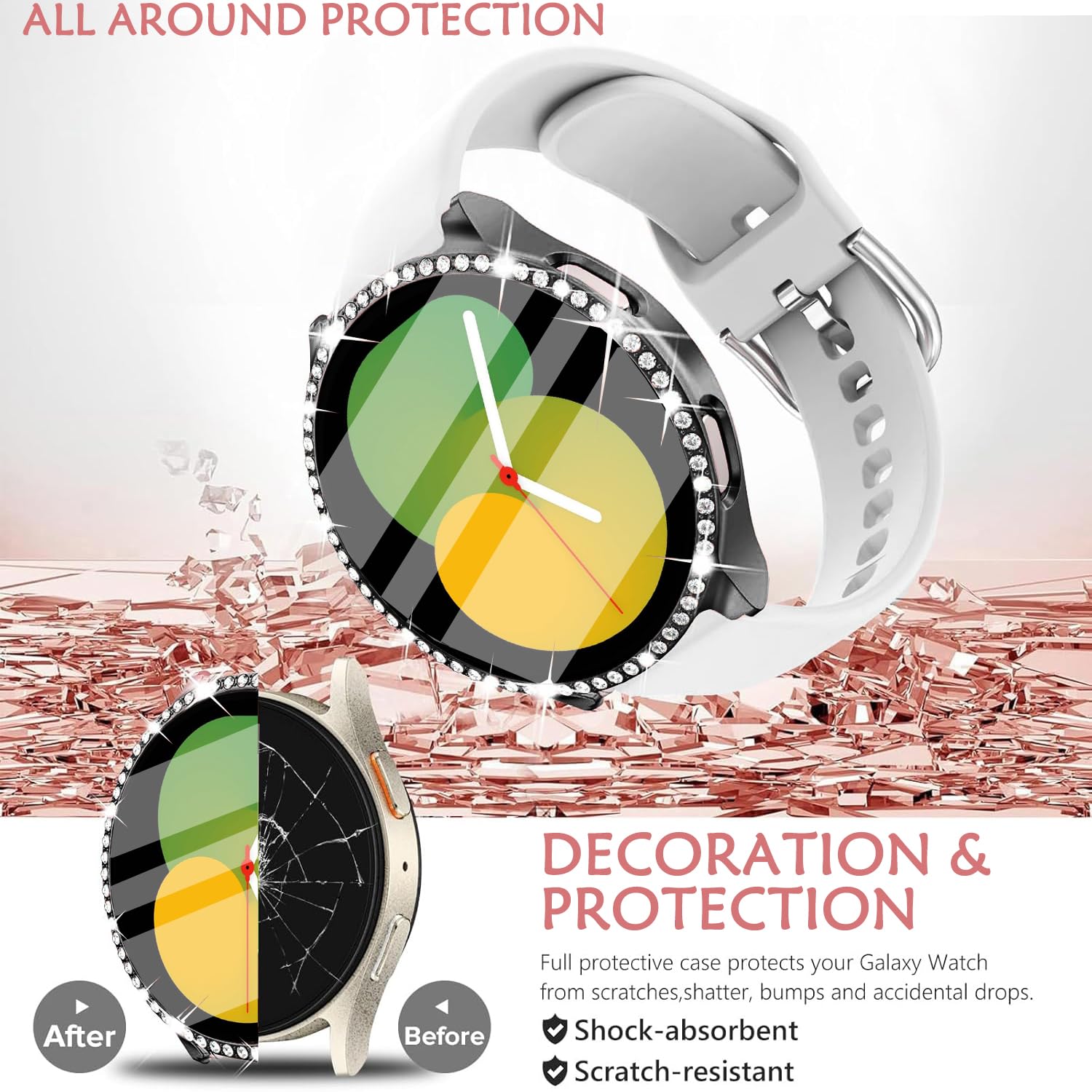 DEALELE [2-PACK] Case Compatible with Samsung Galaxy Watch 5/4 44mm, Bling Single-Row Diamond PC Protective Case Replacement Watch Cover Bumper (44mm, Gold+Transparent) — view 275