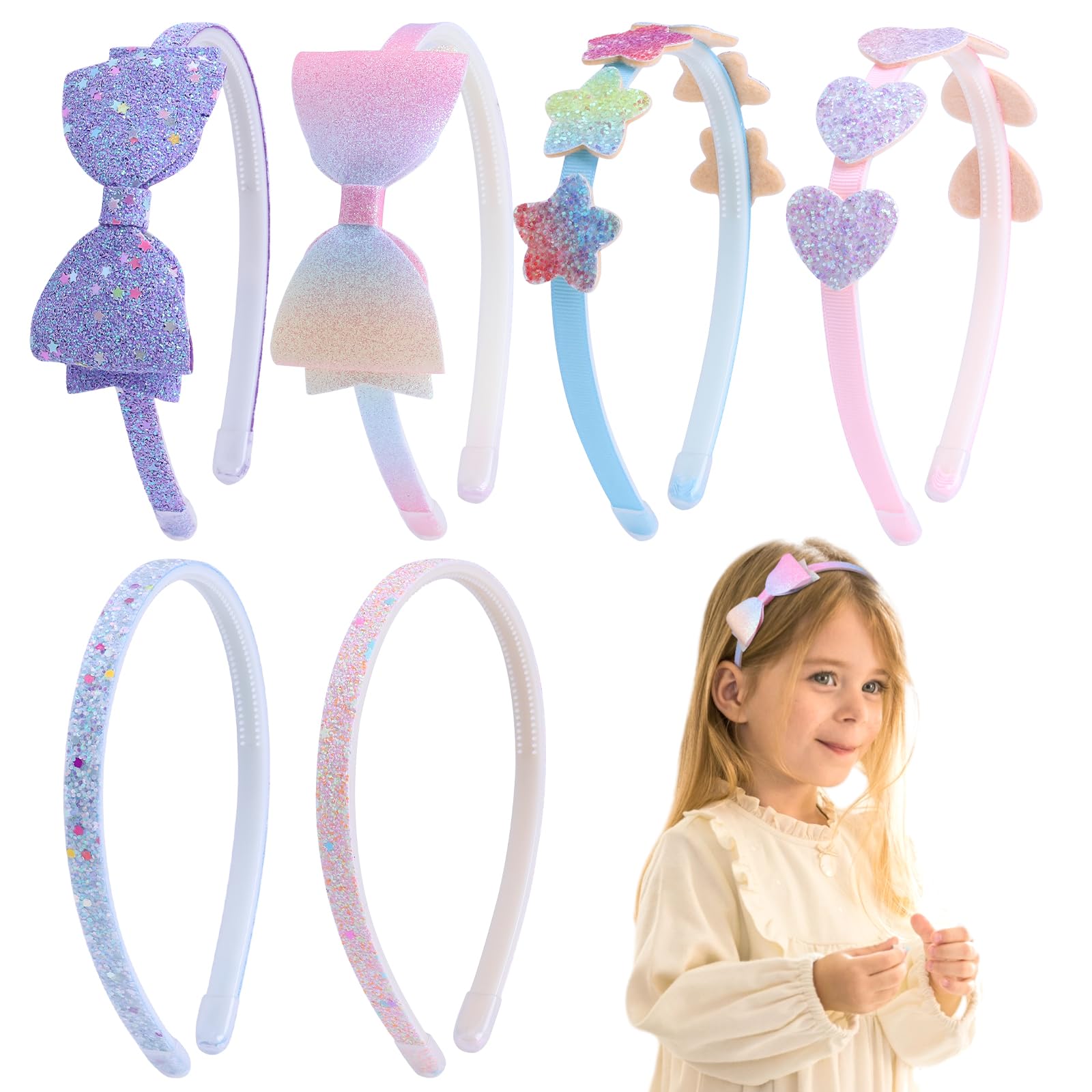 Fishdown 6 Pcs Glitter Headbands for Kids Girls Bow Headband for Toddler Girls Sparkly Cute Kids Headbands Non-slip Headband with Teeth Girl Headbands