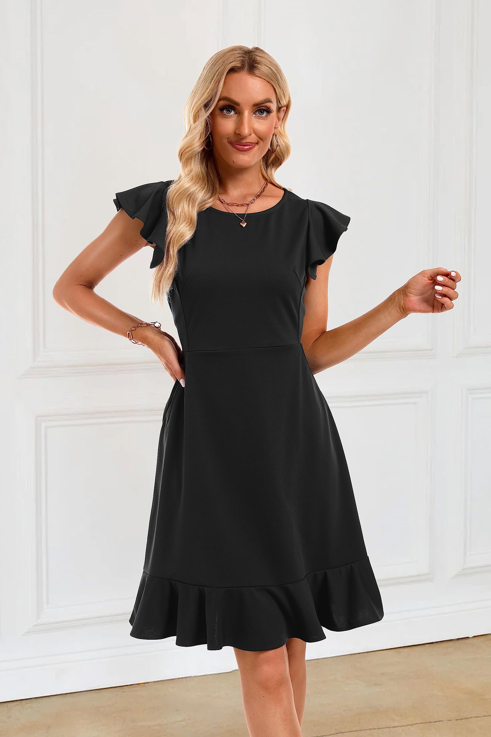 Jollycode Women's Elegant Ruffle Hem Ruffle Sleeve A-Line Casual Cocktail Party Mini Dress 2023 Summer Wear to Work Dress Black
