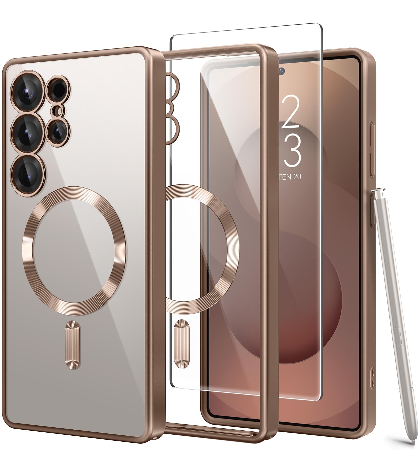 GolbinBox Magnetic for Samsung Galaxy S25 Ultra Case with Screen Protector | [Compatible with MagSafe][Full Camera Protection]Slim Military Shockproof Galaxy S25 Ultra Phone Cover, Titanium Desert/Clear Global Recycled Standard Global Recycled Standard Global Recycled Standard