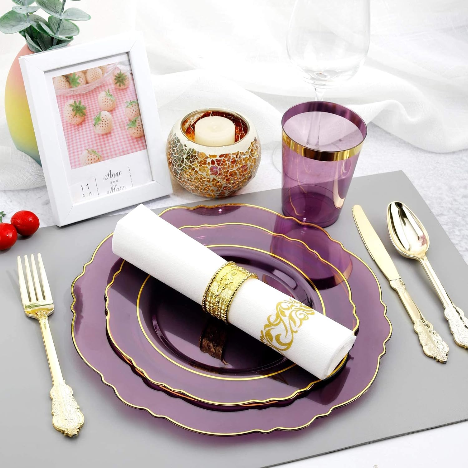 KIRE 210Pcs Purple Plastic Plates with Gold Rim& Silverware &Cups&Hand Napkin - Baroque Clear Plastic Dinnerware for Upscale Wedding/Parties Plates