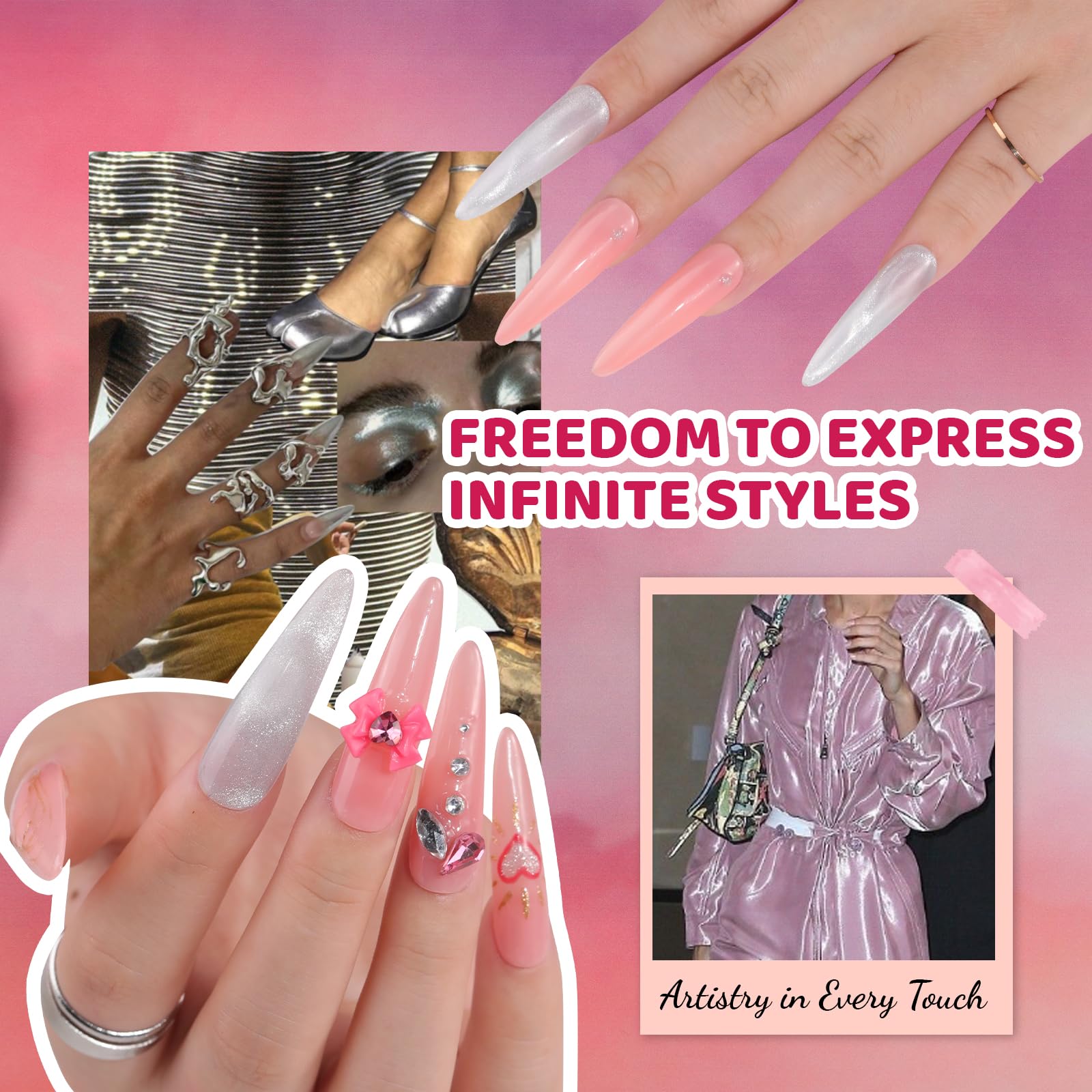 Aokitec Gel Nail Polish Starter Kit: Nudes & Sliver Cat Eye Gel Nails with UV Lamp & Base & Top Coat, DIY Travel Salon Set - Image 4