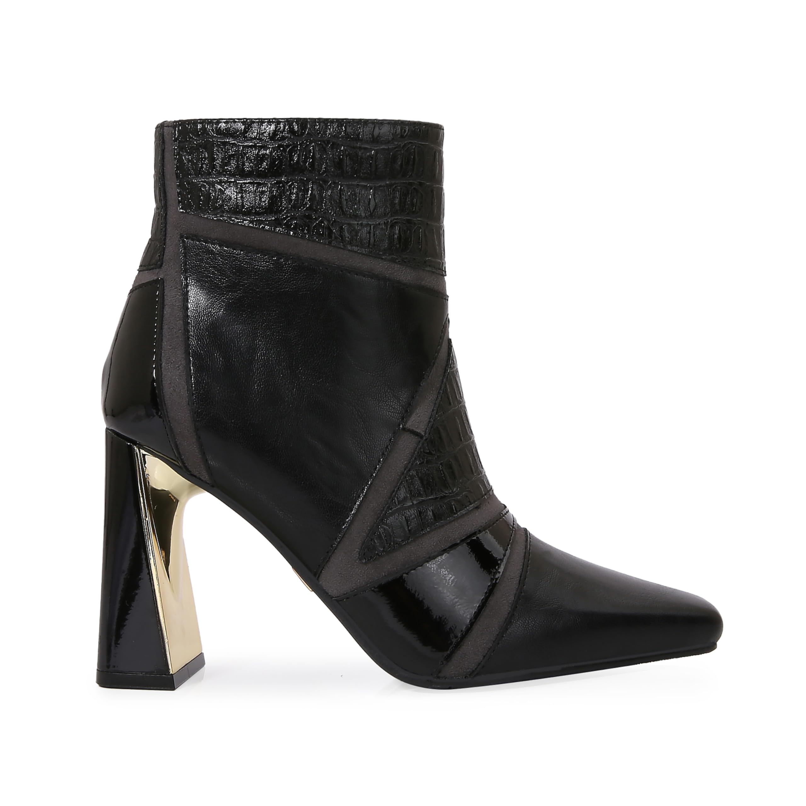 Ninety Union Feebe Womens Bootie Womens Patchwork Ankle Boot with Square Toe Metallic Block Heel and Inside Zip