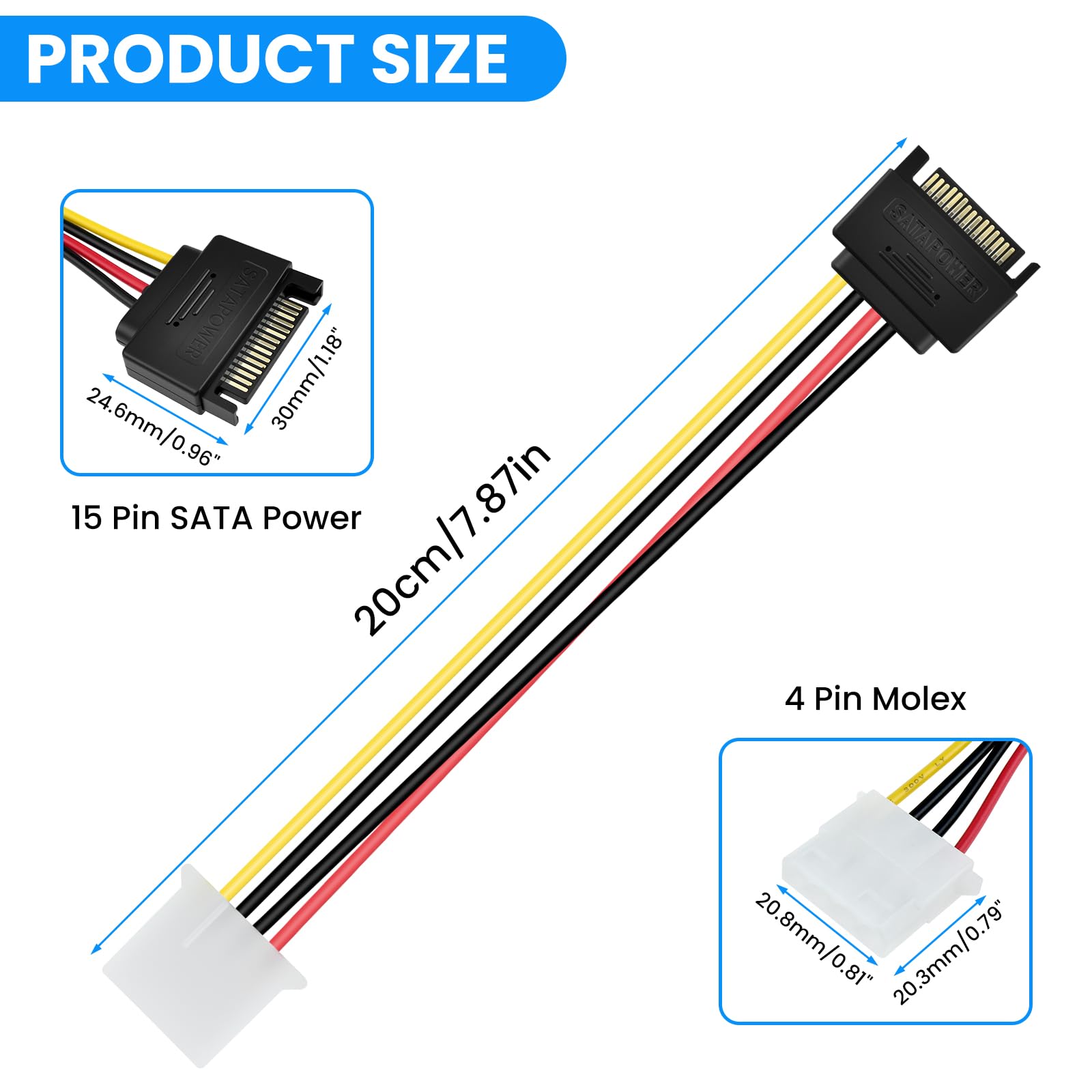 SDTC Tech 3 szt. SATA męski na 4-pinowy Molex żeński kabel zasilający kabel szeregowy ATA przedłużacz do 3,5-calowych dysków HDD/SSD/SD ROM (20 cm)