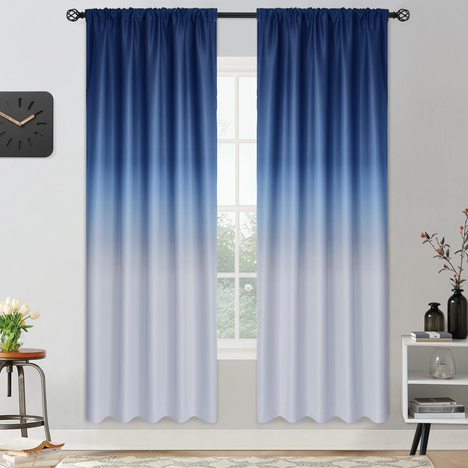 Yakamok Rod Pocket Ombre Room Blackout Curtains 72 Inch Length, Gradient Blue and Grey White Light Blocking, 2 Panels, 52 x 72 Inch — image 1
