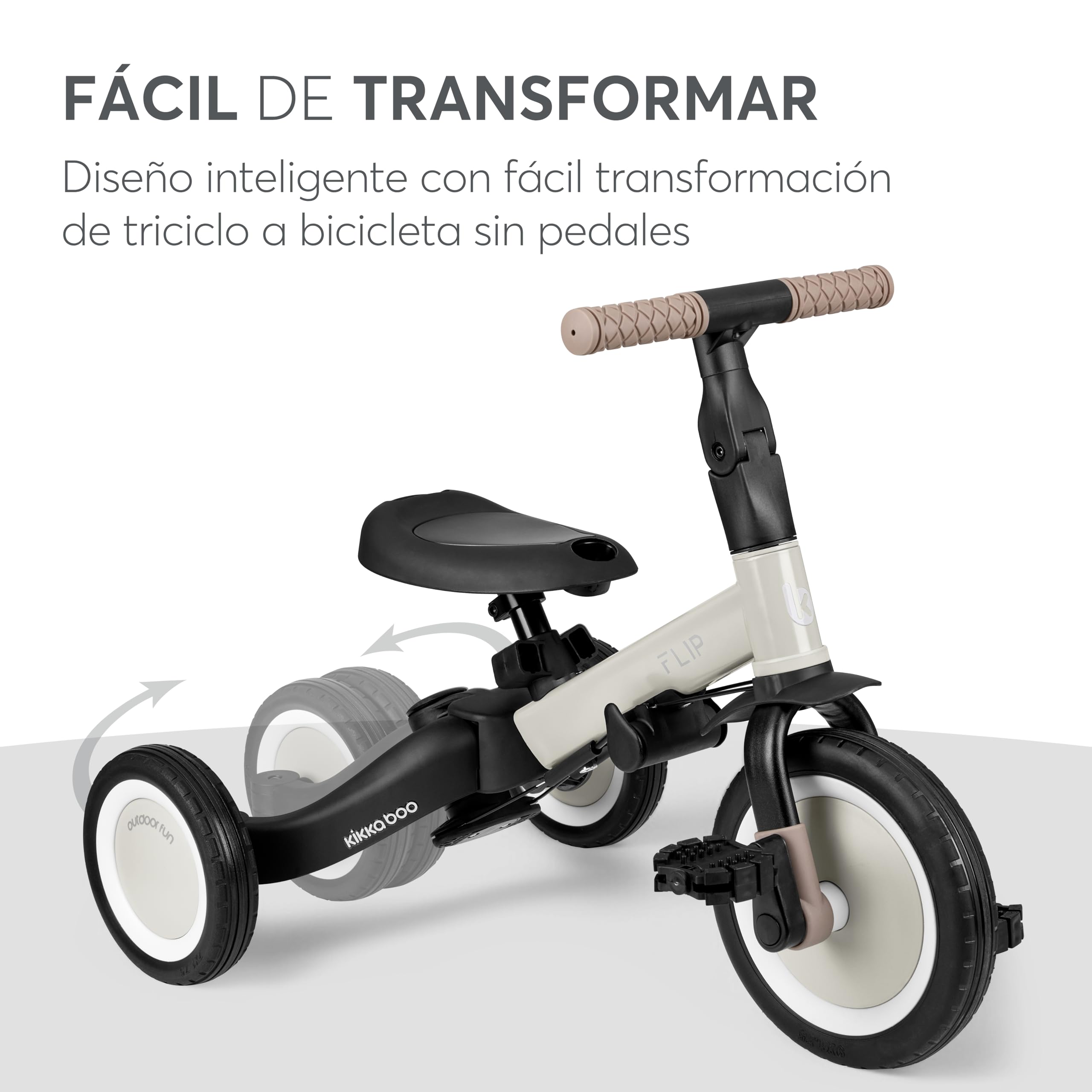 KikkaBoo FLIP, Triciclo Evolutivo de Bebé 5 en 1, Bicicleta con o sin Pedales, Ajustable y Transformable, Beige, Desde 1 Año Hasta 5 Años