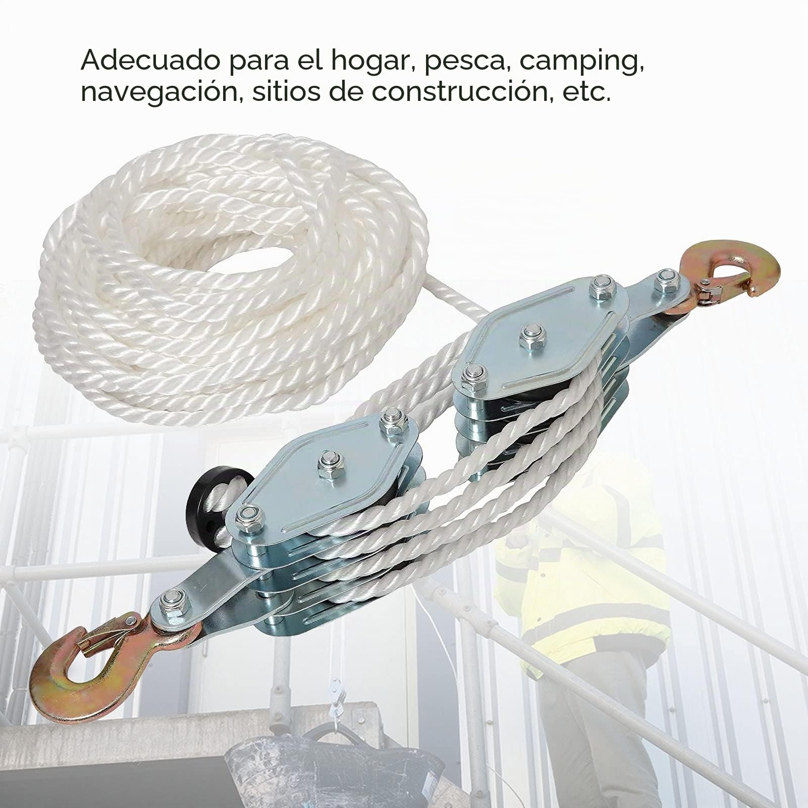 Polipasto de 4 vías con Cuerda de Nailon, Altura 2,5 m, Capacidad 2000 kg, polea de elevación y Gancho de Acero galvanizado