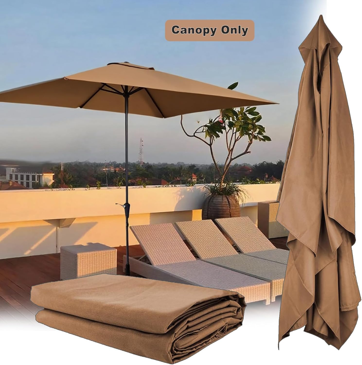 Outdoor Patio Umbrella Replacement Canopy 6 Ribs, 6.5X10 Ft Rectangular Patio Umbrellas Replacement Canopy for Market Table Parasol Top Cover - Heavy Duty Polyester Fabric (Canopy Only),Khaki