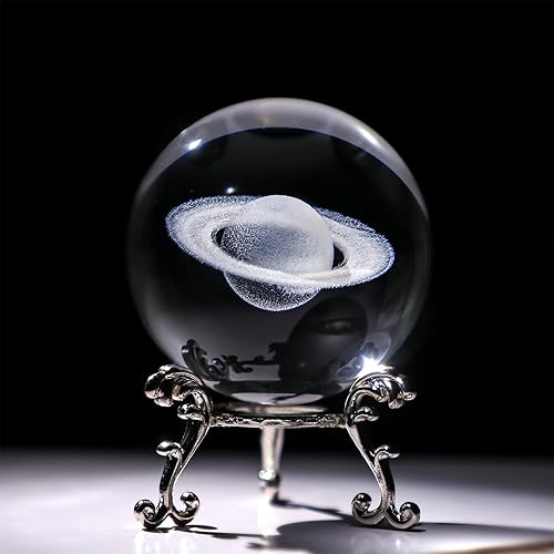 HDCRYSTALGIFTS Bola de cristal Saturno grabada con láser 3D, modelo de universo en miniatura, bola de vidrio planetario, decoración global del