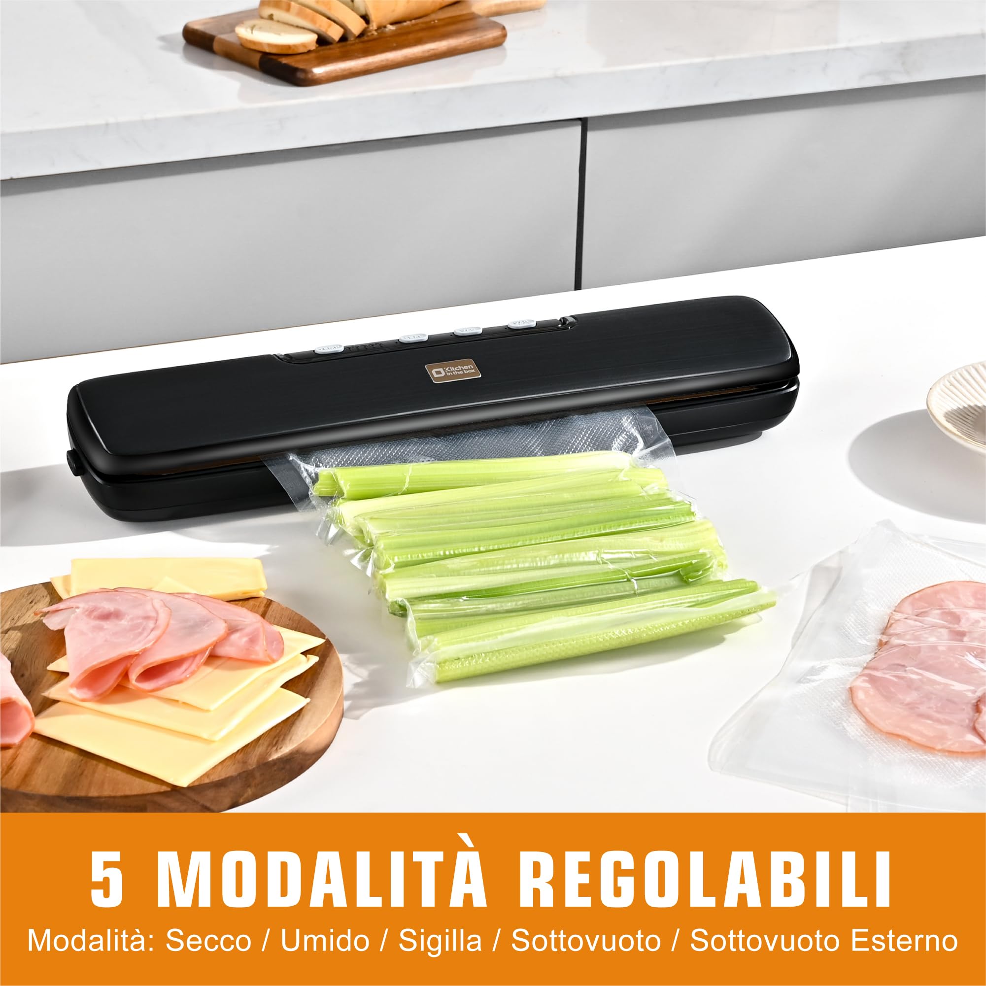Kitchen in the Box Macchina Sottovuoto Alimenti 5 in 1, Sigillatore Sottovuoto Automatico per Alimenti Secchi e Umidi, Temperatura Regolabile, Sigillatura Veloce da 5mm, 15 Sacchetti e Tubo Inclusi