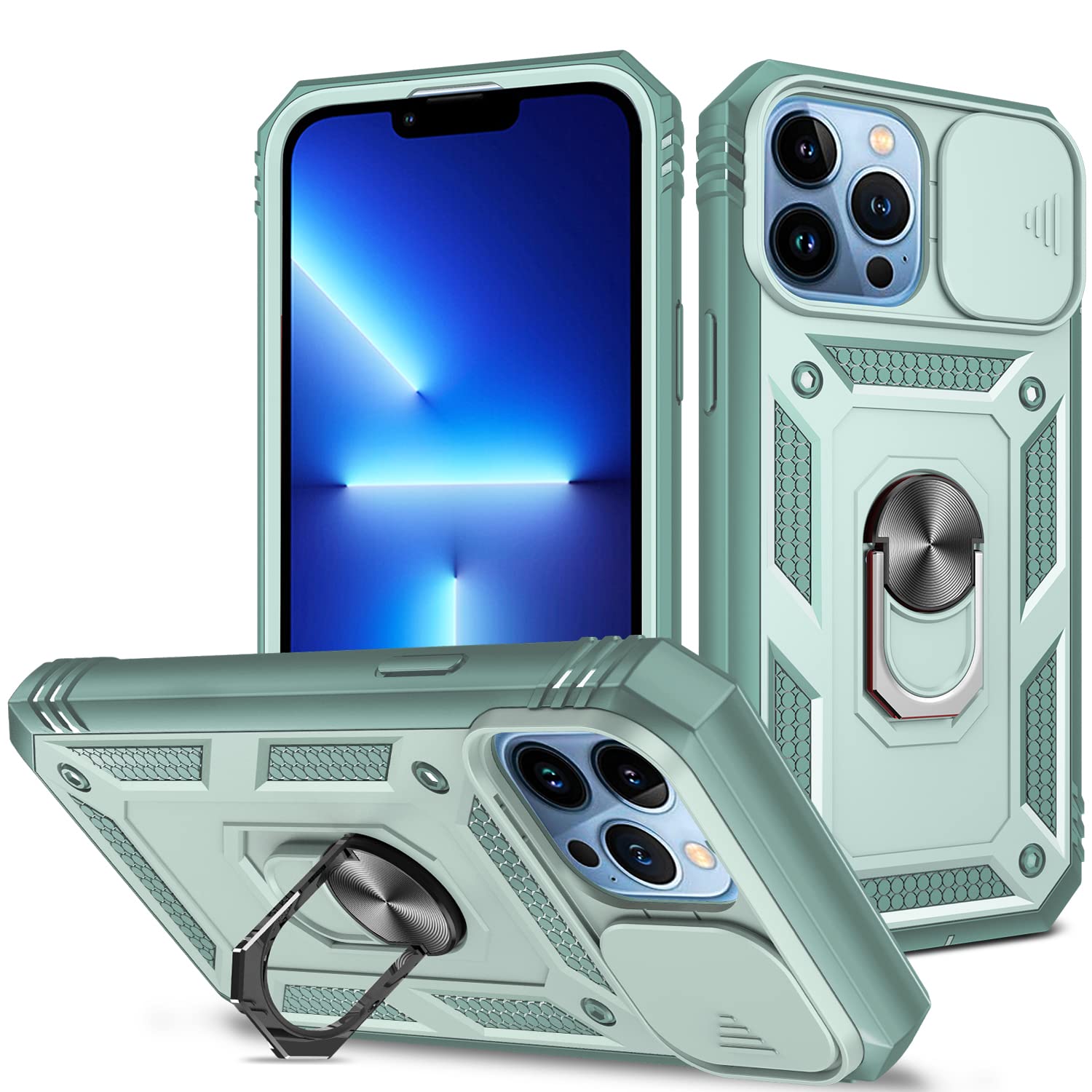 Andwingfor iPhone 13 Pro Max Case with Slide Camera Cover & Kickstand [Military Grade Drop Safety] [Built-in 360° Rotate Ring Stand] Shockproof Protective Phone Case for iPhone 13 Pro Max Green