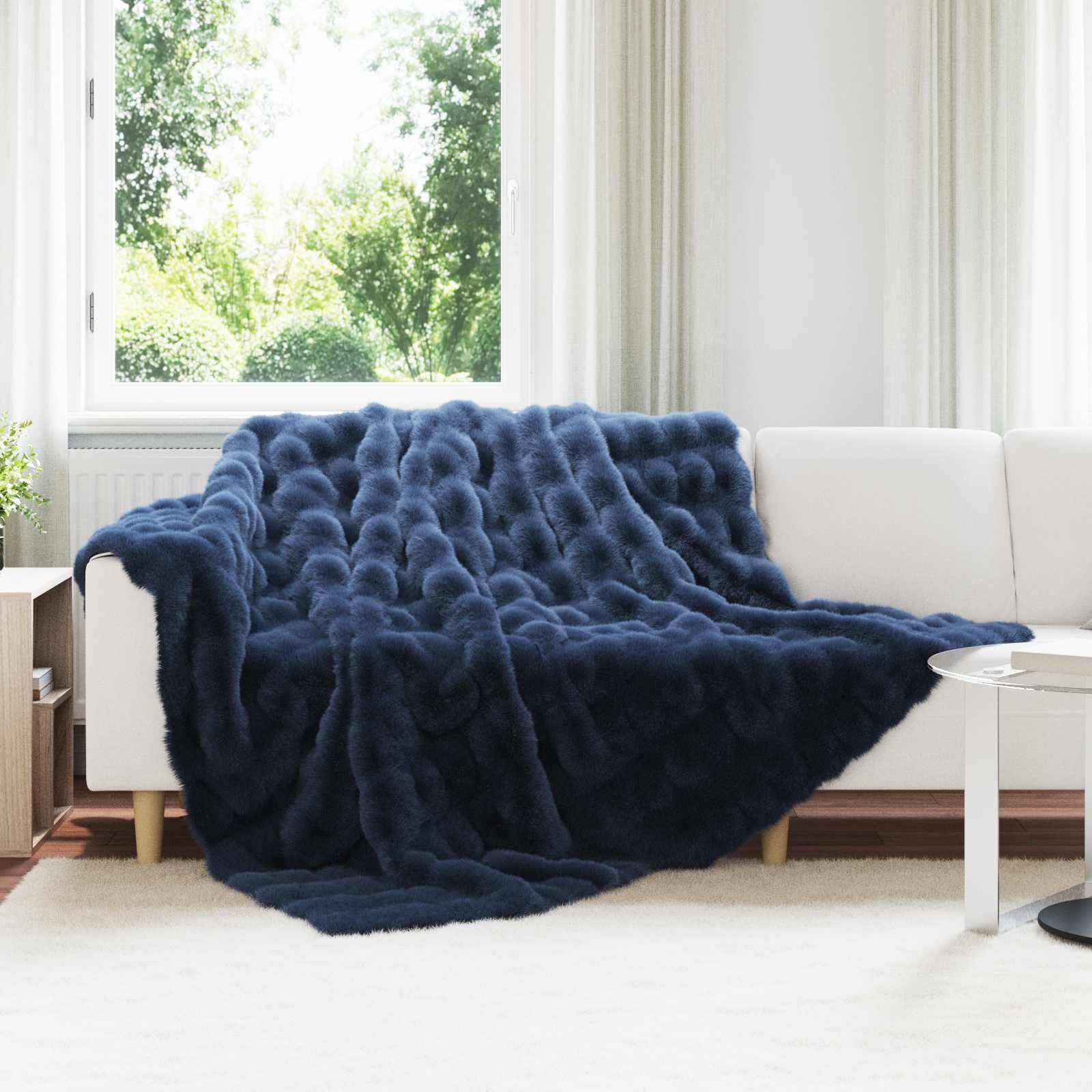 Kunstfell Kaninchenfell Decke 4 Stück Marineblau 220 x 240 cm Plüschige Blasentextur Extra Weich Winterdecke Luxus Wärme Sofadecke Schlafzimmerdecke