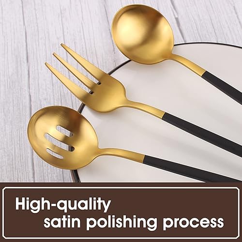 Miniatura 4 de VANVRO Juego de Cubiertos de Servir Plateados Negro Mate Dorado, Juego de Utensilios Compartidos Redondos de 5 Piezas de Acero Inoxidable, Juego de