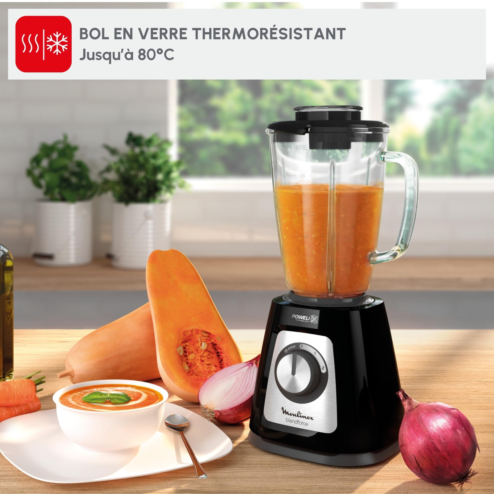 Moulinex Blender Blendforce, 800W, 2 Vitesses + Fonction Pulse, Capacité 1,75 L, Nettoyage facile, Mixage jusqu'à 3min en continu, Noir, LM430810