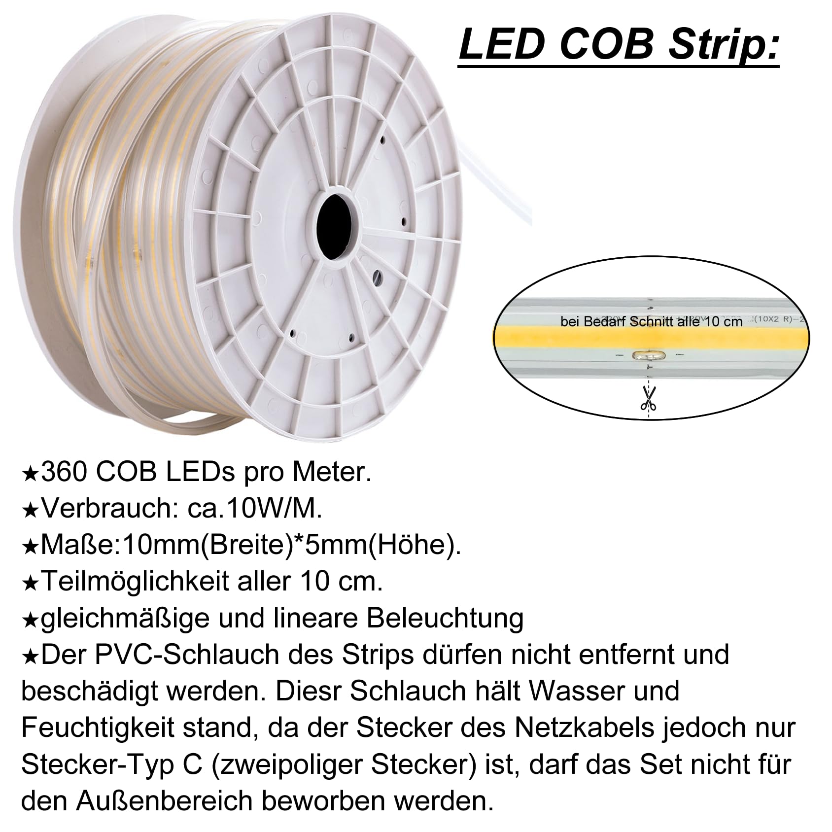 COB LED Stripe Set, LED Streifen Band Lichtschlauch Leiste Kette, Teilmöglichkeit aller 10 cm, 360LEDs pro Meter, IP20 Netzkabel mit Eurostecker (50 Meter, Kaltweiß (6000K), mit Schalter)