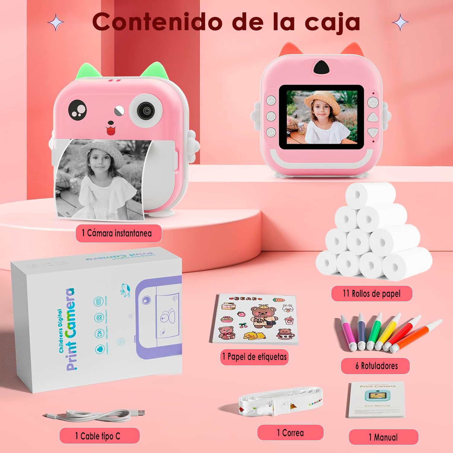 Cámara de Fotos Infantil, Cámara de Fotos Instantánea, Camara de Fotos Instantaneas Con 11 Rollos de Papel, Camara Fotos Instantaneas, Cámara Instantánea Para Niños, Camara Instanea Recargable