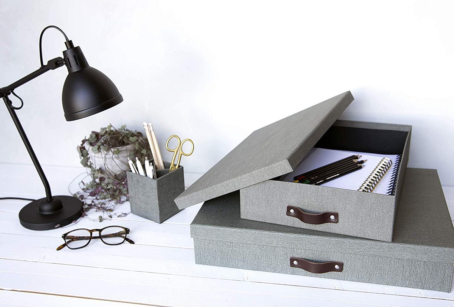 'The Holding Company Bigso Box of Sweden Document Box with Lid for Papers in A3 Format - Document Organiser Tray with Lid and Leather Handle - Storage Container Made of Fibreboard and Paper - Grey