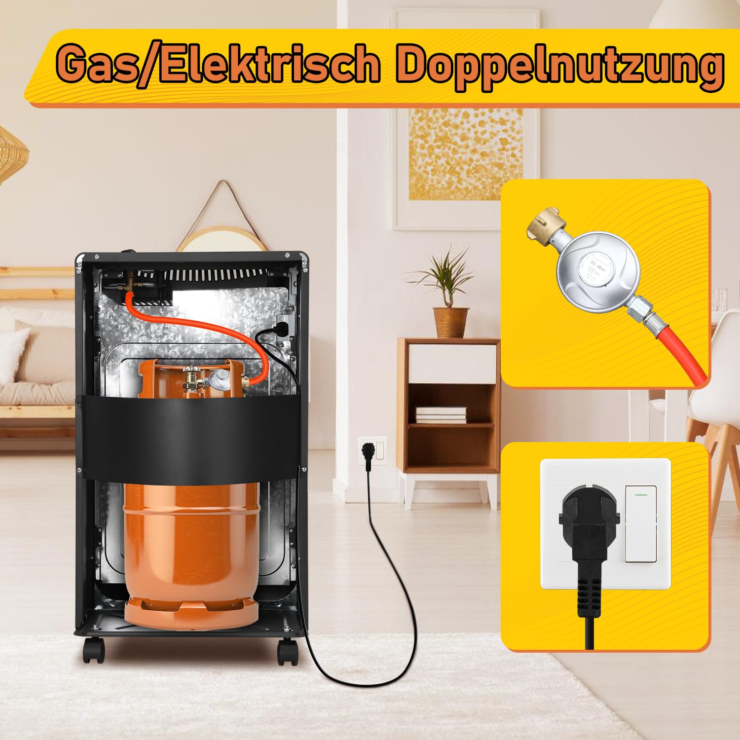 Calefactor de gas para interiores, calentador de gas eléctrico, calentador de infrarrojos, para botellas de gas de hasta 15 kg, incluye regulador de presión de gas, manguera de gas y