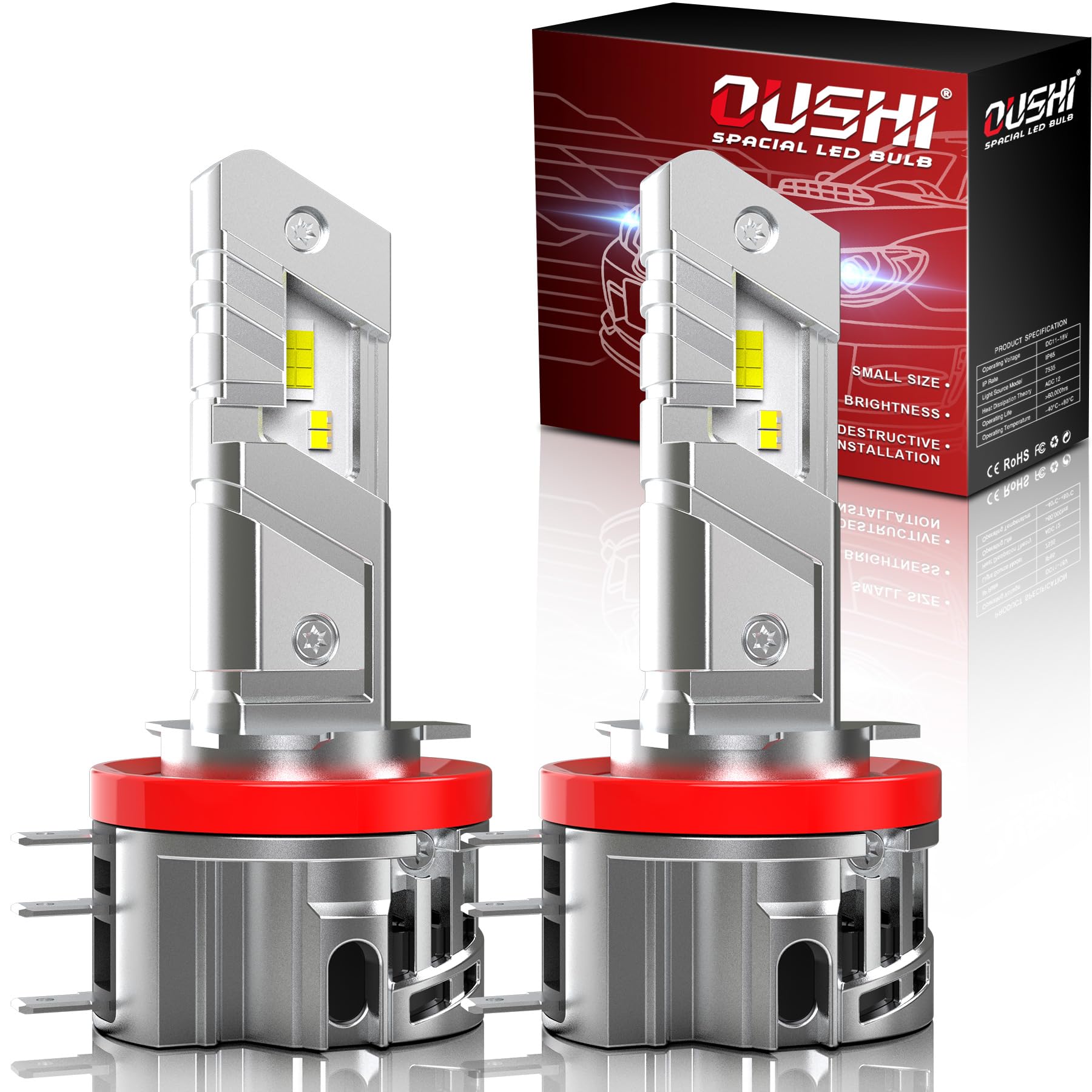 OUSHI Ampoules H15 LED 100W 30000LM, 600% Super Brillant 6500K Blanc Xénon H15 LED Ampoule De Phare Haut Et Feu De Jour, Améliorée 1:1 Mini Taille pour Voiture et Moto (Pack de 2)