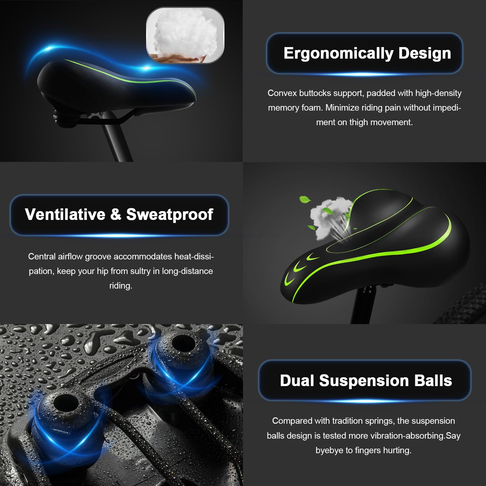 Selle de vélo surdimensionnée, confortable - Selle de vélo universelle de rechange - Siège de vélo en cuir imperméable avec mousse à mémoire de forme rembourrée - Selle de vélo pour homme/femme