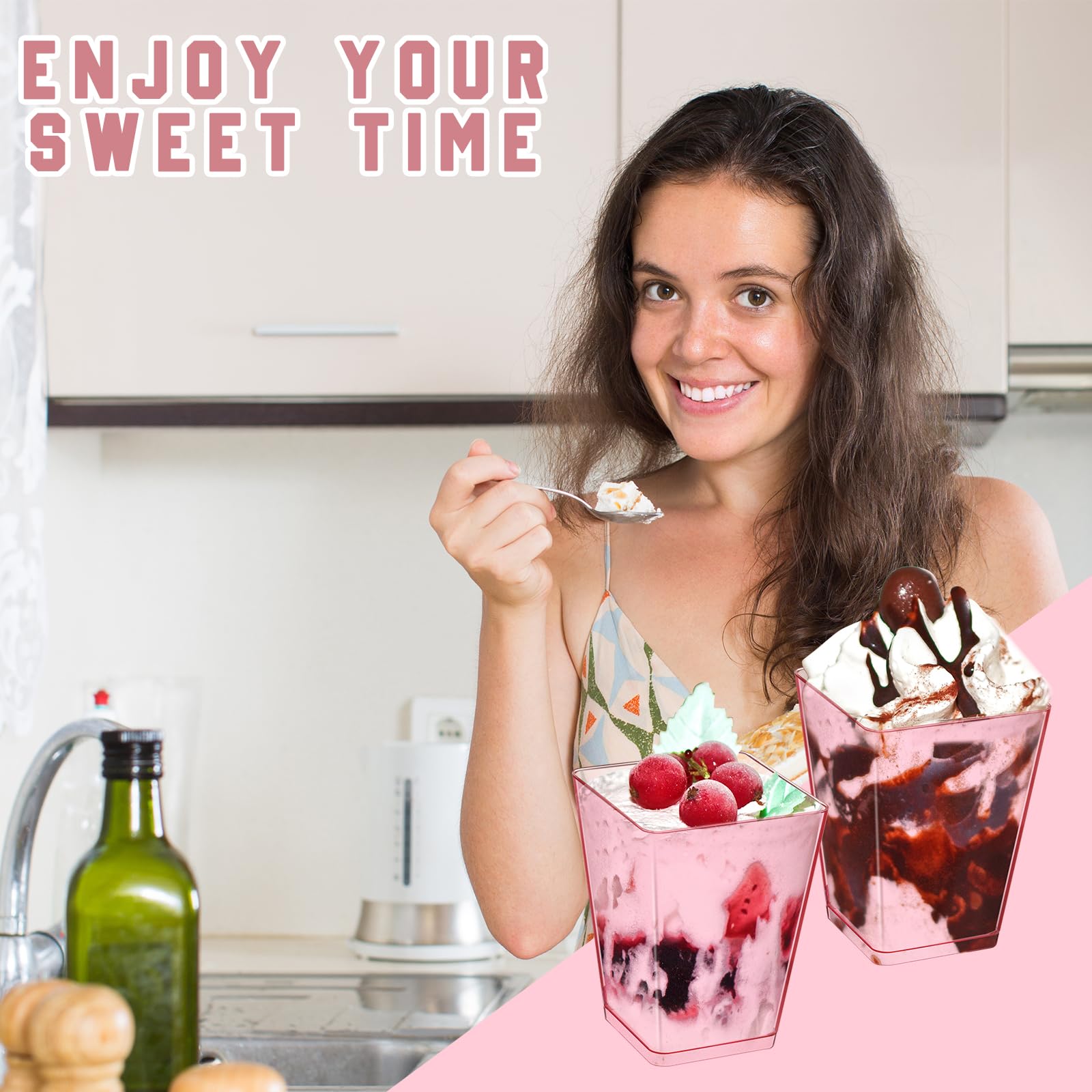 Mifoci 50 Sets Pink Dessert Cups With Spoons - 3.5 Oz Disposable Square Parfait Bowls For Parties - View #8