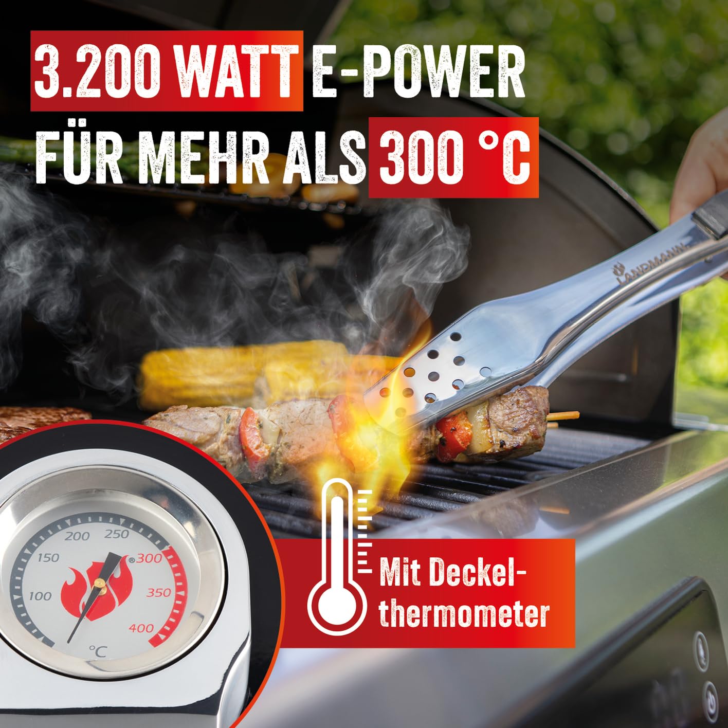 LANDMANN Elektro-Grillwagen EG-II-591 | Leistungsstarker Standgrill mit 2 Fleischthermometern & Deckelthermometer | Ohne Gas & ohne Kohle grillen | Grillfläche ca. 59 x 40,5 cm | 3200W [Schwarz]