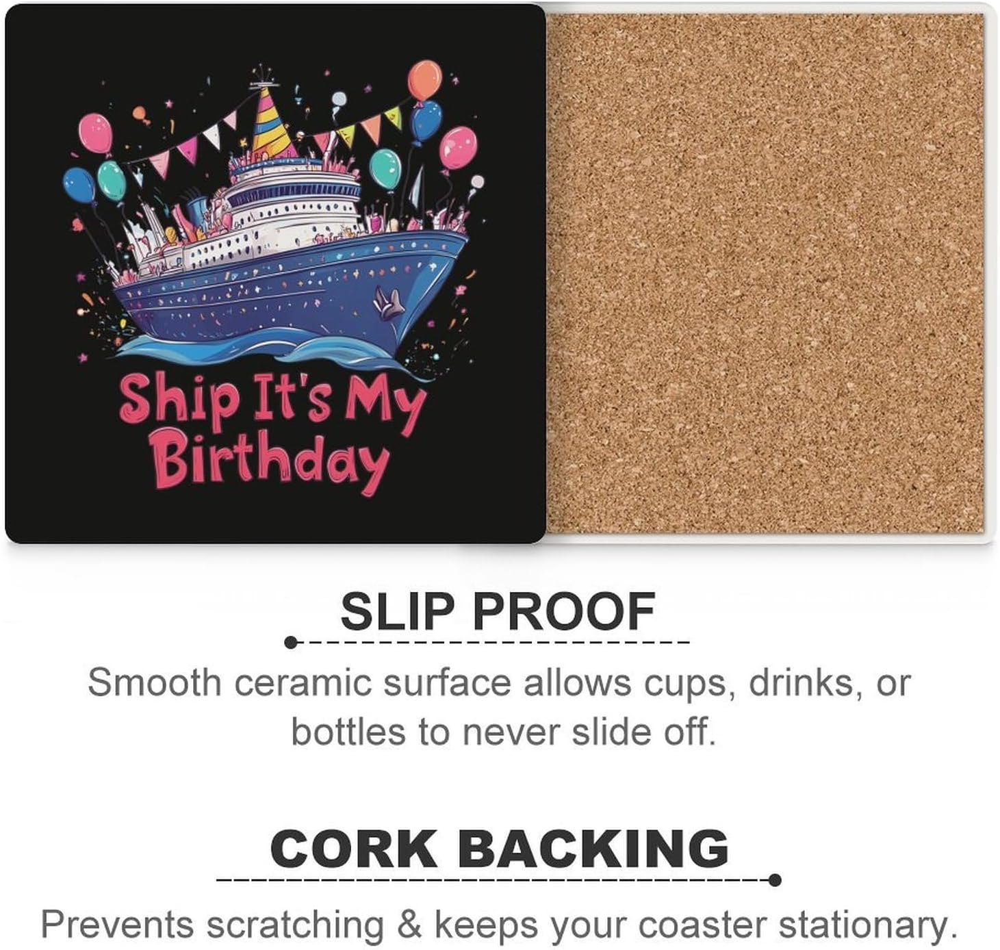 Cruise Ship It's My Birthday Coasters for Drinks Square Ceramic Coasters Cup Mats with Cork Base