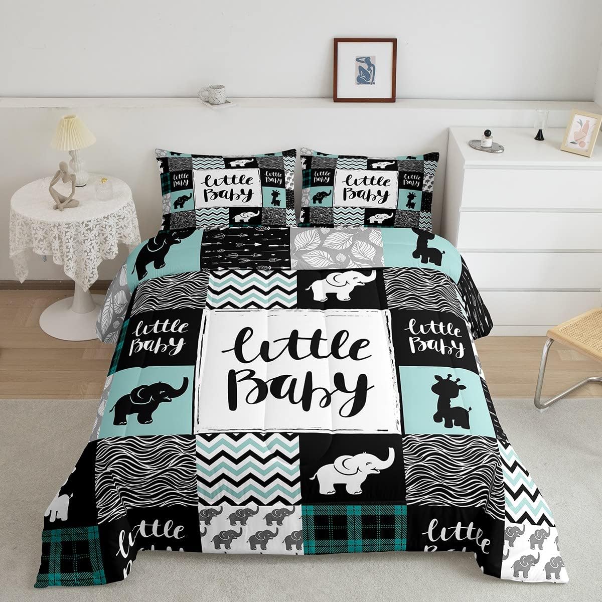 Elephant Comforter Set for Kids Toddler Buffalo Plaid