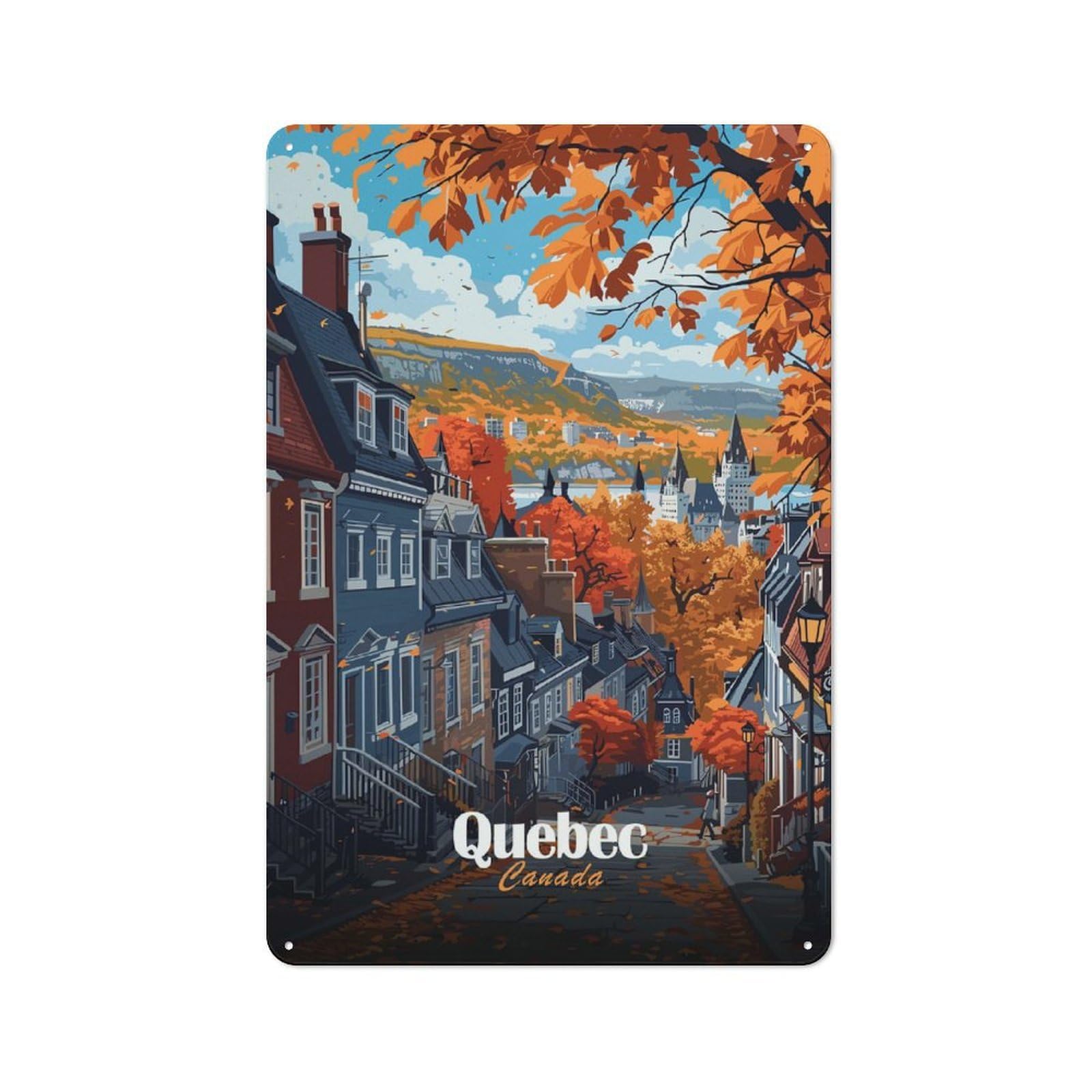 Junmoney Style-21 Quebec, Canada Autumn Cityscape Retro Tin Wall Plaque 30X20cm For Hobby Room Or Studio, For Garage, Workshop And Man Cave Decoration