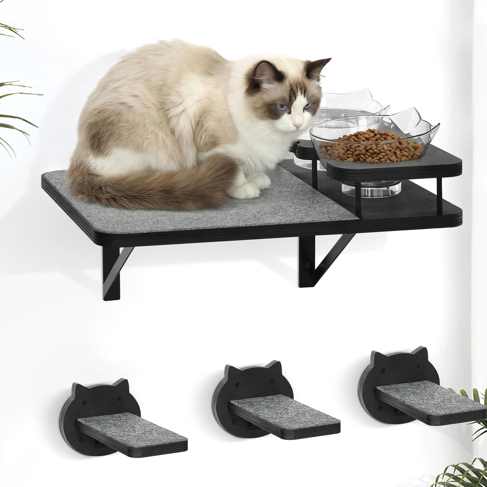 Katzen-Wandregale, Möbel-Set mit 2 Futternäpfen, Kletterwandsysteme aus Holz mit Kratzunterlage und 3 Stufen, schwebende Regale, Bettsitzstangen, Wandmontage für den Innenbereich, passend bis zu 6,8