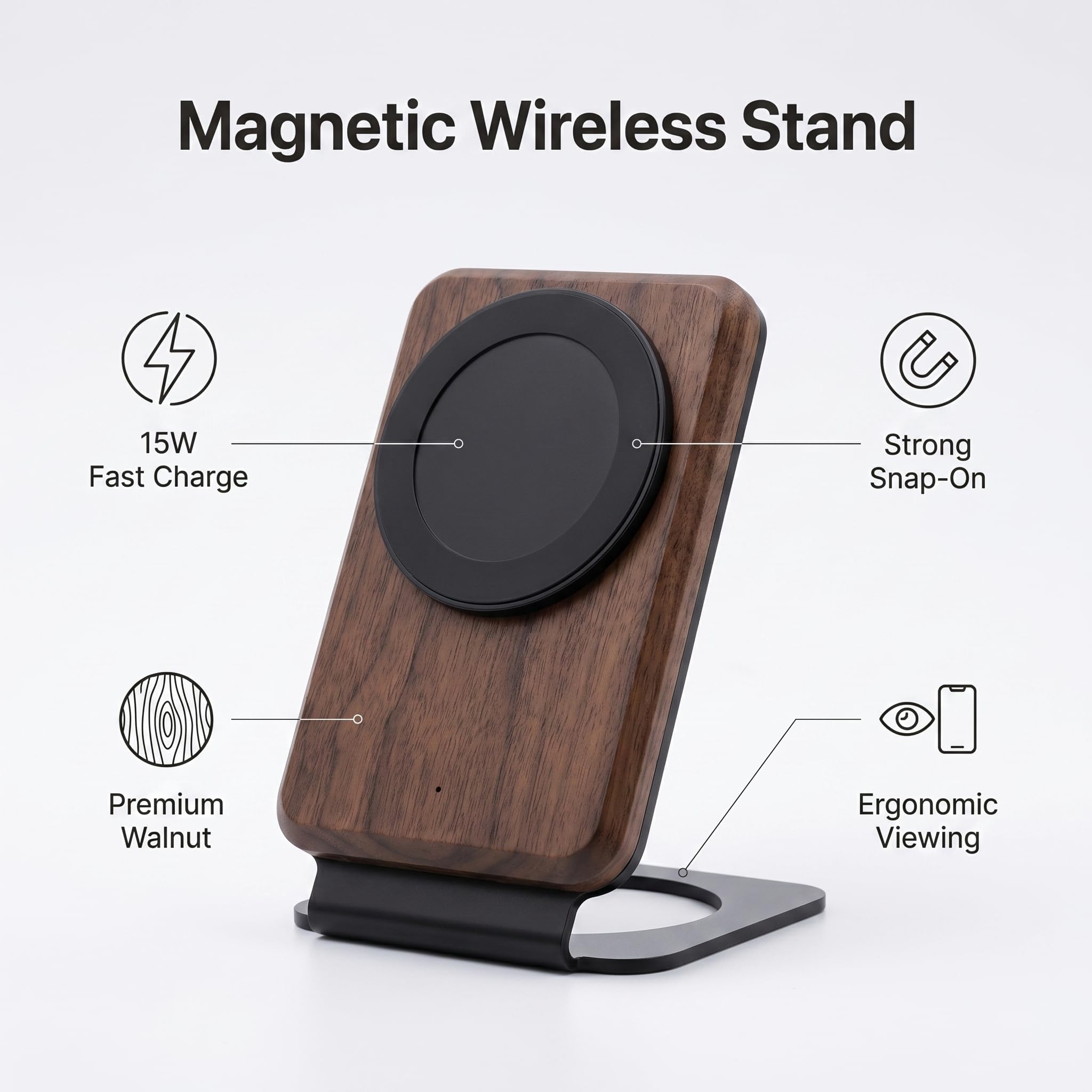 Supporto caricabatterie wireless in legno di noce, 15 W, dock di ricarica rapida compatibile con MagSafe per iPhone 17/16/15/14/13/12, accessorio estetico da scrivania e regalo tecnico per uomo