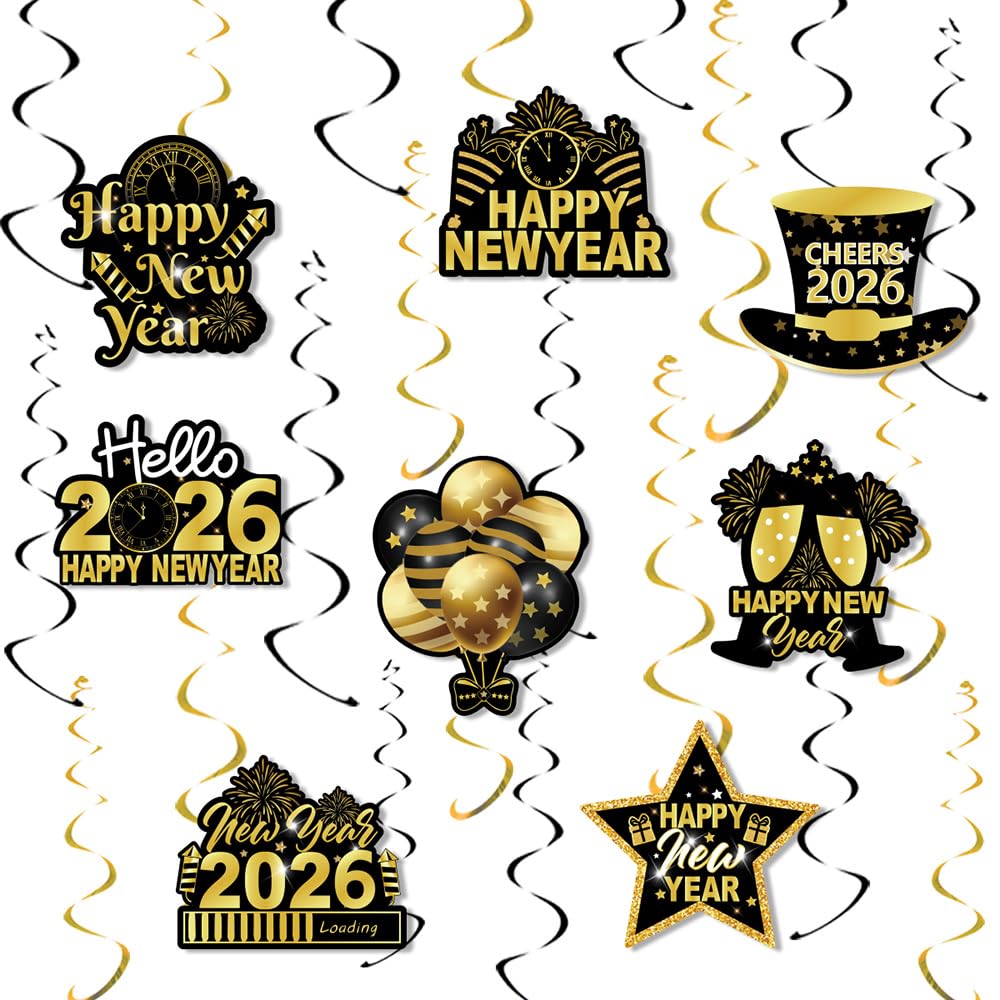 Happy New Year Hanging Swirl Decorations, 8 Pack Hello 2026 Countdown Streamers New Year Eve Ceiling Hanging Streamers for 2026 New Year's Eve Party Decorations